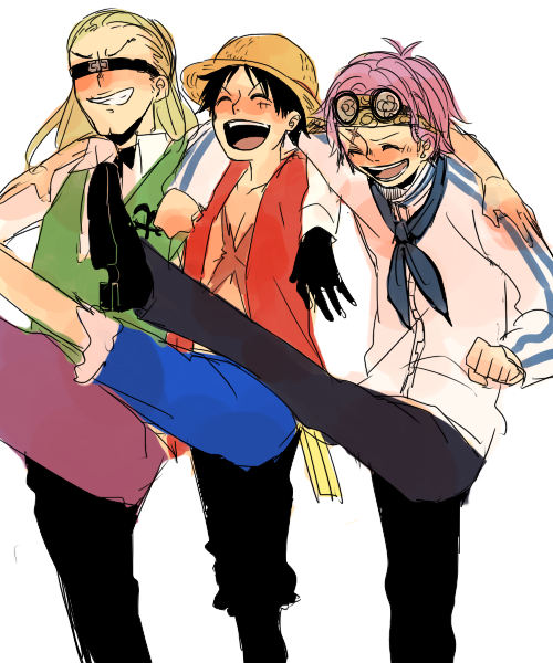 3boys ^_^ black_gloves black_hair blonde_hair blue_neckerchief blue_shorts closed_eyes commentary_request eyewear_on_head gloves green_vest hair_slicked_back hat headband helmeppo jump_(ah0029) koby_(one_piece) leg_up long_hair male_focus monkey_d._luffy multiple_boys neckerchief one_piece open_mouth pink_hair short_hair shorts simple_background smile straw_hat sunglasses vest white_background