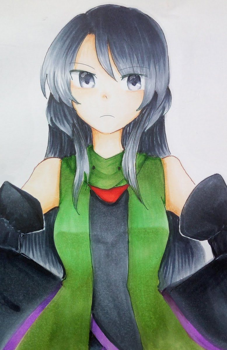 1girl adagumo_no_yaorochi artist_request asymmetrical_bangs bare_shoulders black_hair black_kimono black_sleeves blunt_bangs breasts closed_mouth detached_sleeves double-parted_bangs frown genderswap genderswap_(otf) green_scarf grey_eyes hair_between_eyes hair_down hands_on_own_hips highres japanese_clothes jinbaori kimono len&#039;en long_hair long_sleeves non-web_source red_scarf scarf short_kimono sidelocks sleeves_past_fingers sleeves_past_wrists solo traditional_media upper_body very_long_hair wide_sleeves