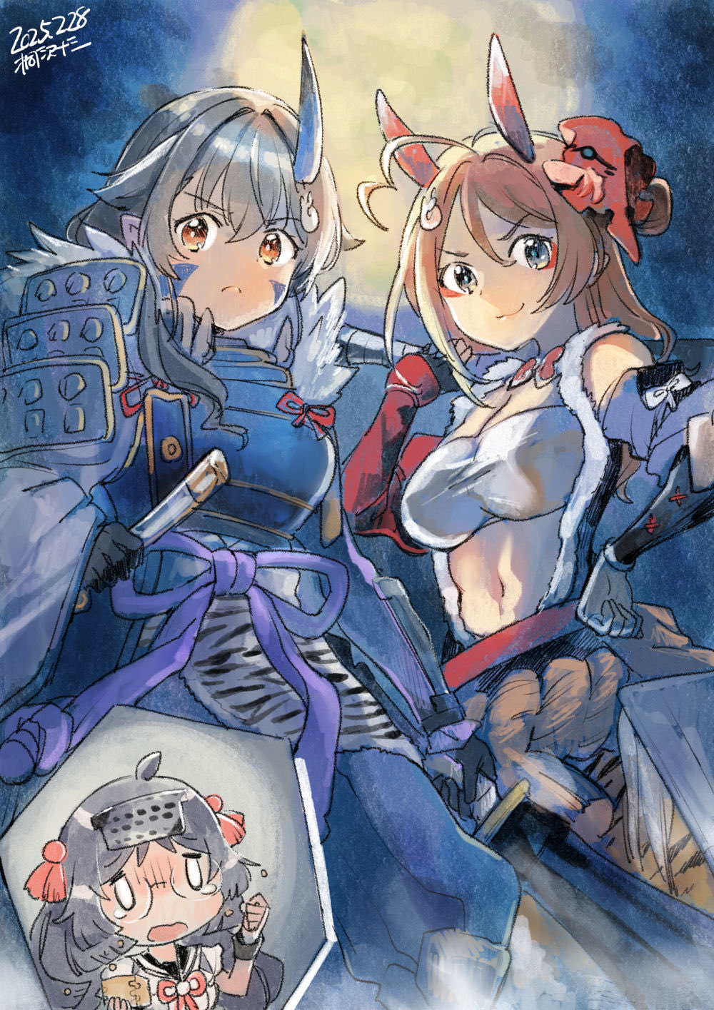 3girls animal_print armor artist_name blue_eyes blue_hair chougei_(kancolle) club club_(weapon) commentary_request cosplay dated demon_horns derivative_work facial_mark grey_hair heian_maru_(kancolle) highres horns inset japanese_armor japanese_clothes jingei_(kancolle) kanabou kantai_collection katana kirisawa_juuzou long_hair long_horns mask multicolored_hair multiple_girls oni_mask red_hair scared setsubun south_dakota_(kancolle) south_dakota_(kancolle)_(cosplay) streaked_hair sword tiger_print washington_(kancolle) washington_(kancolle)_(cosplay) weapon