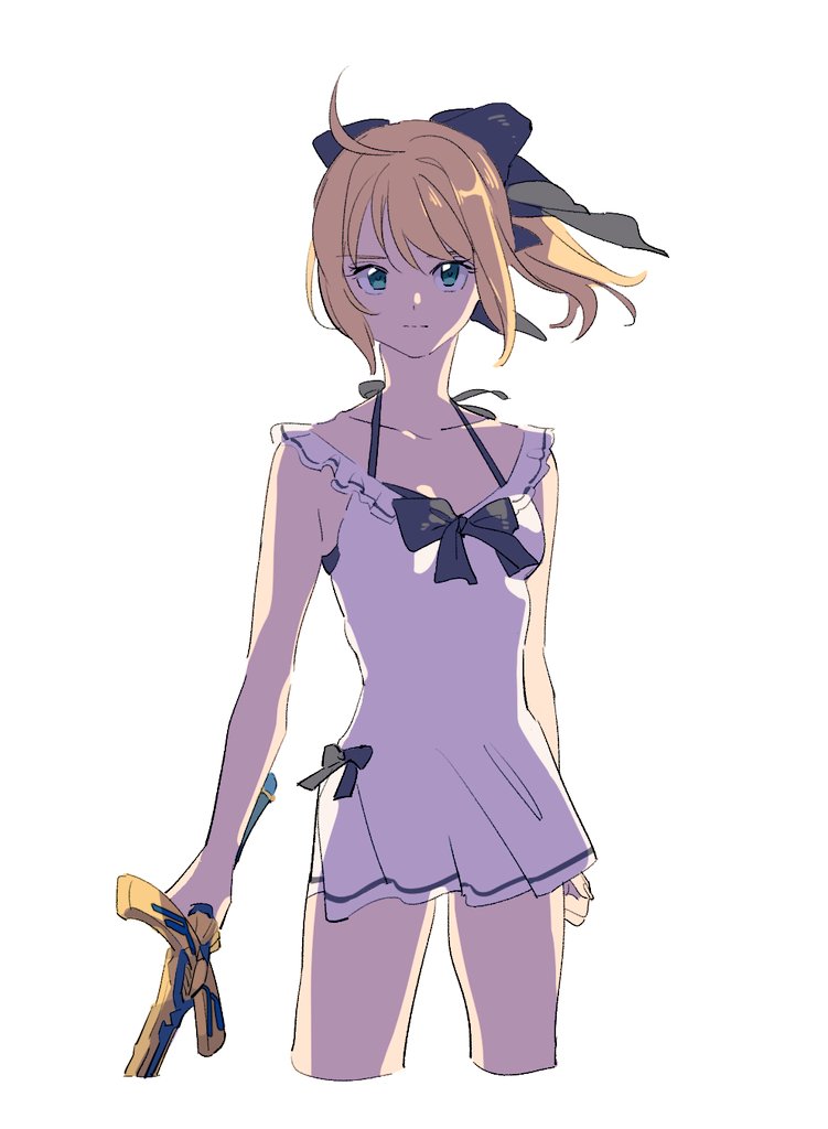 1girl ahoge alternate_costume artoria_pendragon_(fate) bikini bikini_under_clothes black_bikini bow breasts caliburn_(fate) commentary_request cowboy_shot cropped_legs dress duck11_rp fate/grand_order fate_(series) hair_bow holding holding_sword holding_weapon ponytail saber_lily short_dress small_breasts solo swimsuit sword weapon white_dress