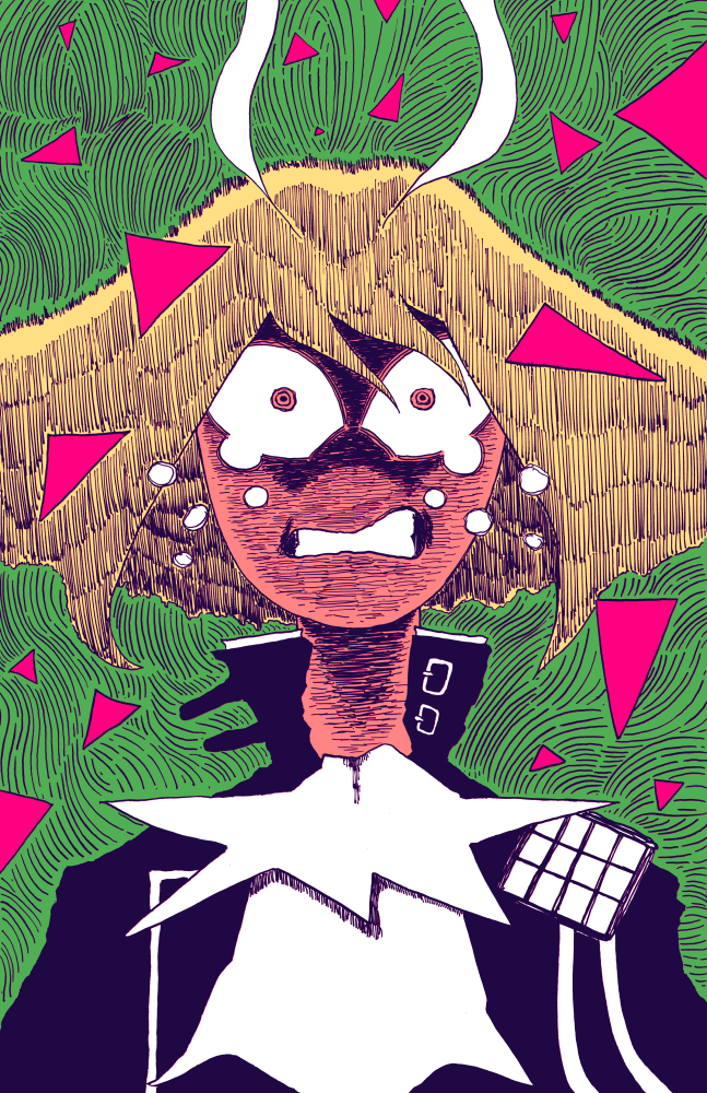 1boy ascot black_jacket blonde_hair clenched_teeth commentary green_background hatching_(texture) jacket joe_whitt lio_fotia male_focus pink_eyes portrait promare solo teeth white_ascot