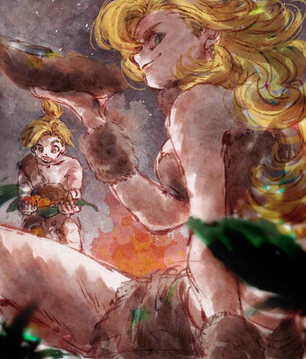 1boy 1girl amakekke ayla_(chrono_trigger) bare_shoulders blonde_hair breasts campfire caveman cavewoman chrono_trigger curly_hair fur_shirt fur_skirt fur_wrist_cuffs grey_fur highres kino_(chrono_trigger) loincloth long_hair looking_at_viewer medium_breasts medium_hair ponytail sitting smile strapless tube_top wrist_cuffs