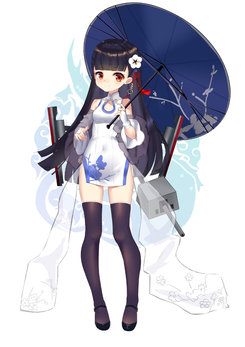 1girl azur_lane black_thighhighs blunt_bangs blush china_dress chinese_clothes dragon_empery_(emblem) dress ff2074 hair_ornament long_hair mole mole_under_eye side_slit simple_background solo thighhighs umbrella very_long_hair white_background wiggling_toes yat_sen_(azur_lane)