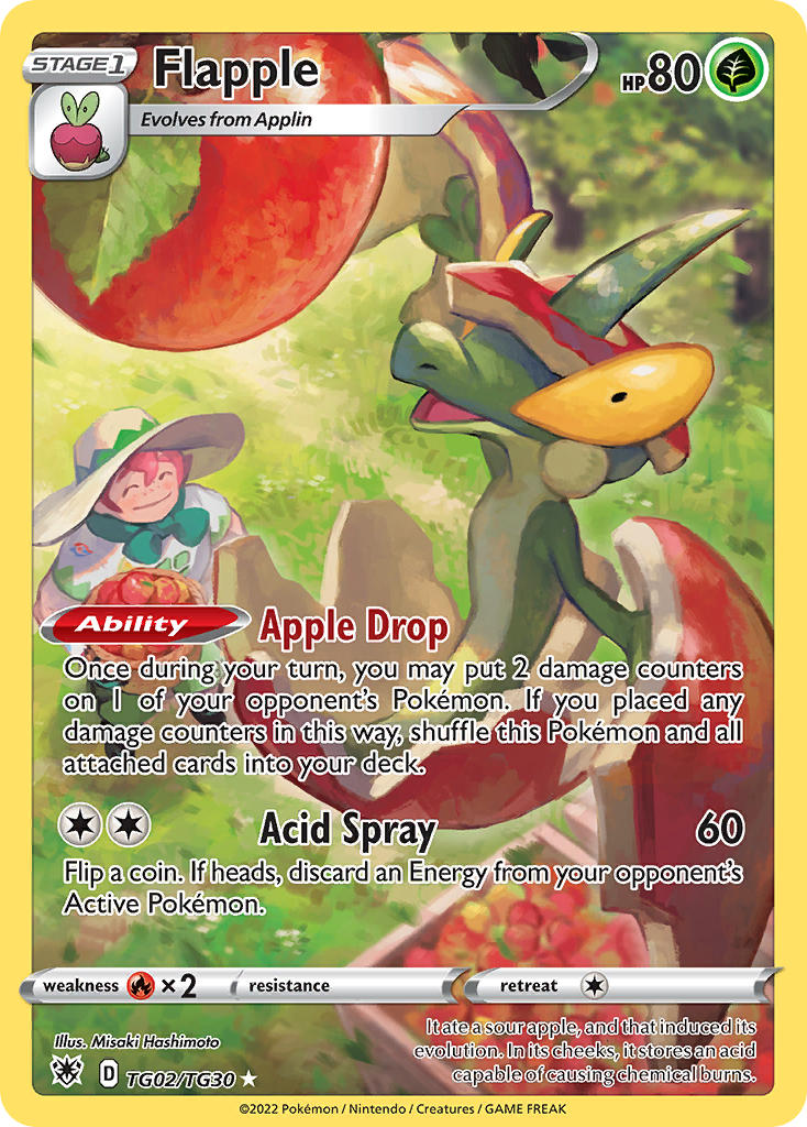 1boy apple applin artist_name basket card_(medium) character_name closed_mouth company_name copyright_name copyright_notice crate english_text flapple flying food fruit gen_8_pokemon grass hashimoto_misaki holding holding_basket milo_(pokemon) nintendo official_art open_mouth orange_hair outdoors pokemon pokemon_(creature) pokemon_card pokemon_focus pokemon_swsh pokemon_tcg shirt short_sleeves smile third-party_source trading_card tree white_shirt