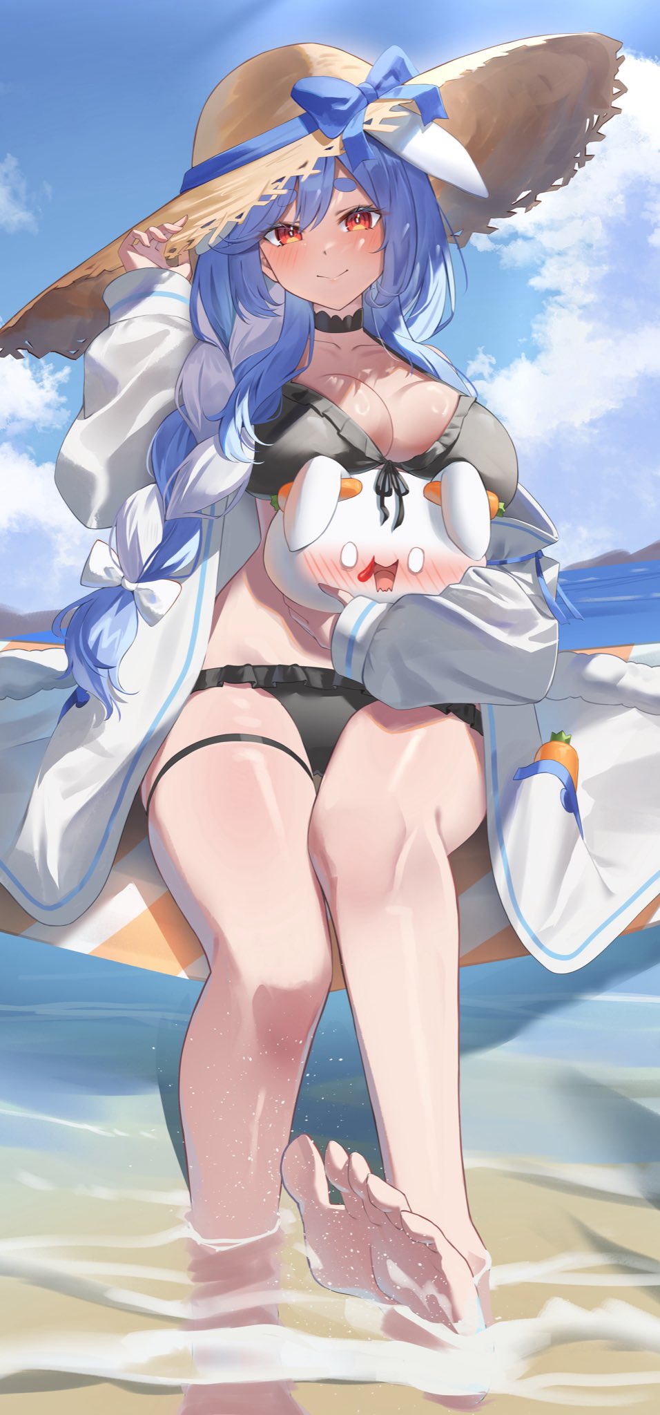 1girl adjusting_clothes adjusting_headwear animal_ears aroused_nosebleed barefoot beach bikini black_bikini black_choker blood blue_hair blue_sky blush bow braid braided_ponytail breasts carrot_in_pocket choker cleavage closed_mouth cloud coat commentary_request creature cumulonimbus_cloud day extra_ears feet foot_out_of_frame frilled_bikini frills fur-trimmed_jacket fur_trim hair_bow hair_over_shoulder halterneck hand_up hat highres holding holding_creature hololive jacket large_breasts long_hair mature_female multicolored_hair nosebleed ocean on_innertube outdoors pekomama pekomon_(usada_pekora) pendora1022 rabbit-shaped_pupils rabbit_ears rabbit_girl rabbit_tail red_eyes short_eyebrows sitting sky smile soaking_feet soles solo straw_hat sun_hat swim_ring swimsuit symbol-shaped_pupils tail thick_eyebrows thigh_strap toes two-tone_hair virtual_youtuber white_bow white_coat white_hair wide_brim