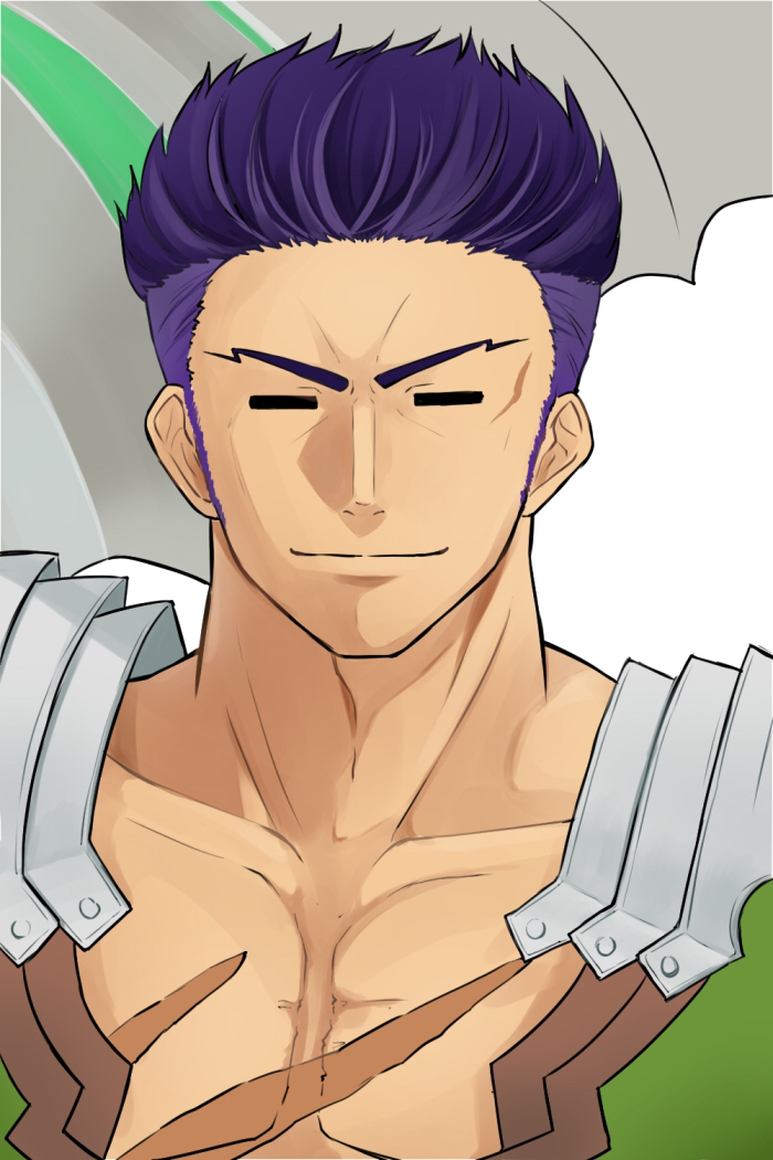 1boy armor caladbolg_(fate) closed_eyes collarbone commentary_request fate/grand_order fate_(series) fergus_mac_roich_(fate) male_focus pectorals portrait purple_hair scar scar_on_chest shoulder_armor smile solo torinonest undercut