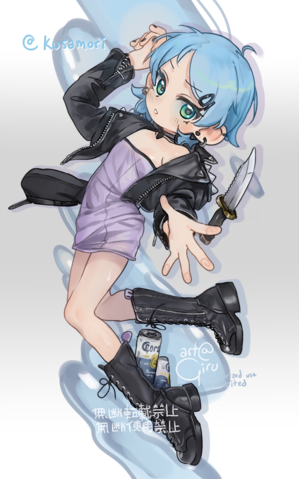 1girl ahoge beer_can black_boots black_jacket blue_hair blush boots can corona_(brand) dress drink_can ear_piercing flat_chest full_body girutea green_eyes hair_ornament hairclip highres jacket knife lips looking_at_viewer nail_polish open_mouth original outstretched_hand piercing purple_dress signature solo strapless strapless_dress