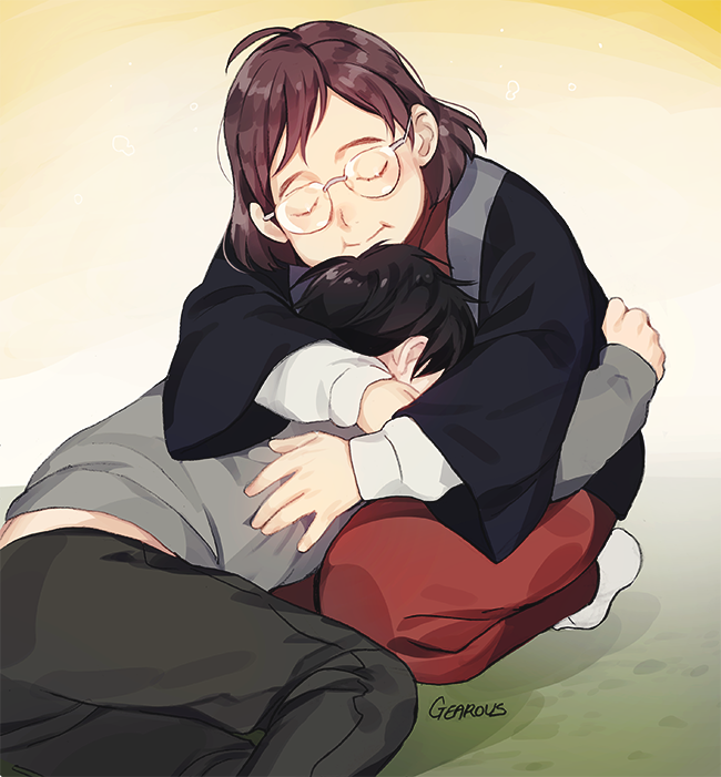 1boy 1girl artist_name black_hair brown_hair comforting commentary_request eyelashes closed_eyes full_body gearous glasses hug katsuki_hiroko katsuki_yuuri mother_and_son short_hair sitting smile yuri!!!_on_ice