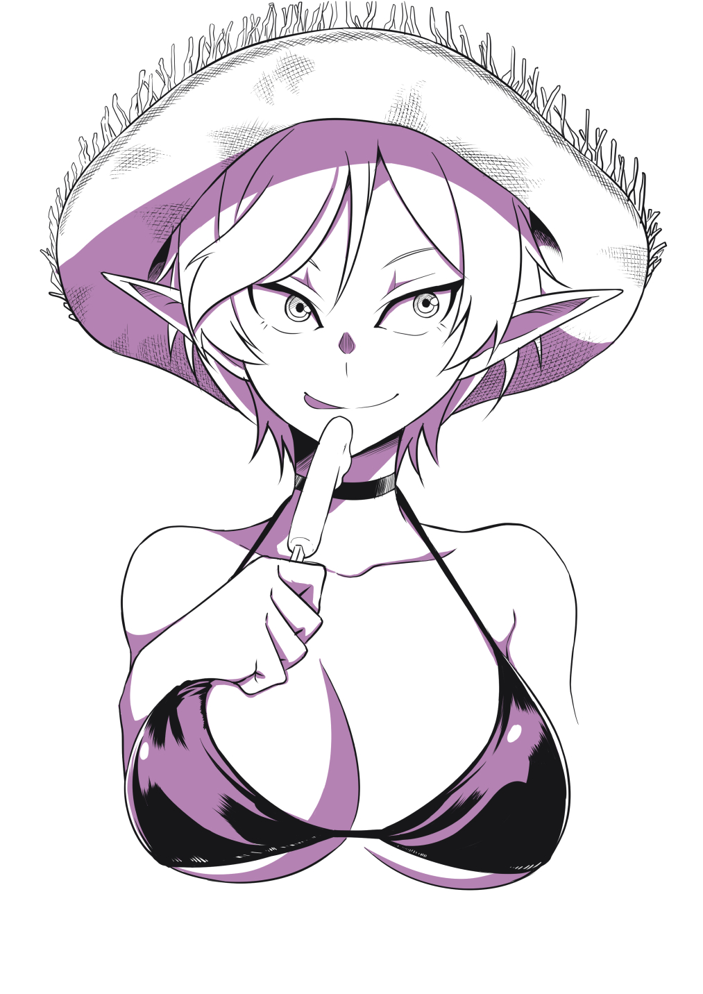 1girl bikini black_choker breasts choker commentary crosshatching elf food hat hatching_(texture) highres holding holding_food holding_popsicle large_breasts melting_popsicle natsumi_chorisuke original pointy_ears popsicle short_hair simple_background solo straw_hat swimsuit