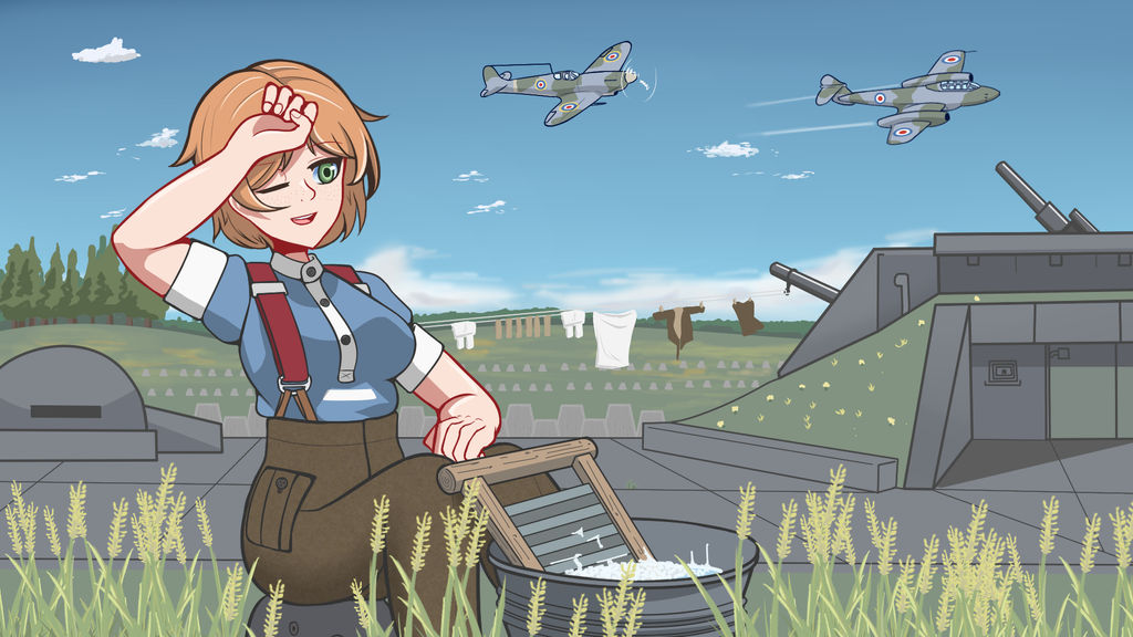 1girl aircraft airplane anti-aircraft anti-aircraft_gun blue_shirt blue_sky braces breasts brown_hair bunker buttoned_shirt clothes_line cloud combat_helmet gloster_meteor green_eyes gun hand_over_eye helmet jet one_eye_closed original pants phenol_r pocket shirt short_hair sitting sky stahlhelm supermarine_spitfire tank_trap tub washing washing_rack weapon