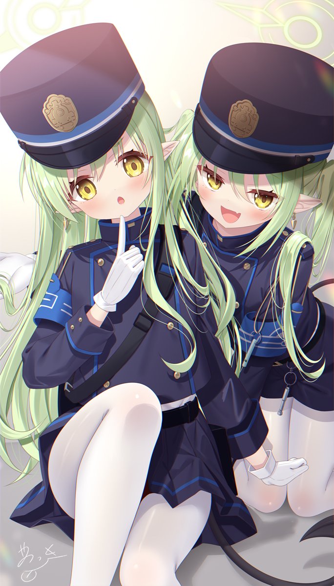2girls :d :o armband black_hat black_jacket black_shoes black_skirt blue_archive blue_armband blush commentary demon_girl demon_tail earrings eyelashes fang feet_out_of_frame gloves green_hair green_halo hair_between_eyes hair_over_shoulder halo hand_up hat head_tilt highres hikari_(blue_archive) holding_another&#039;s_hair index_finger_raised jacket jewelry knee_up kneeling long_hair long_sleeves looking_at_viewer miniskirt multiple_girls nozomi_(blue_archive) open_mouth pantyhose peaked_cap pleated_skirt pointy_ears shoes siblings signature sisters sitting skin_fang skirt smile straight_hair symbol-only_commentary tail tareme tsurime twins twintails very_long_hair white_gloves white_pantyhose yano_mitsuki_(nanairo) yellow_eyes