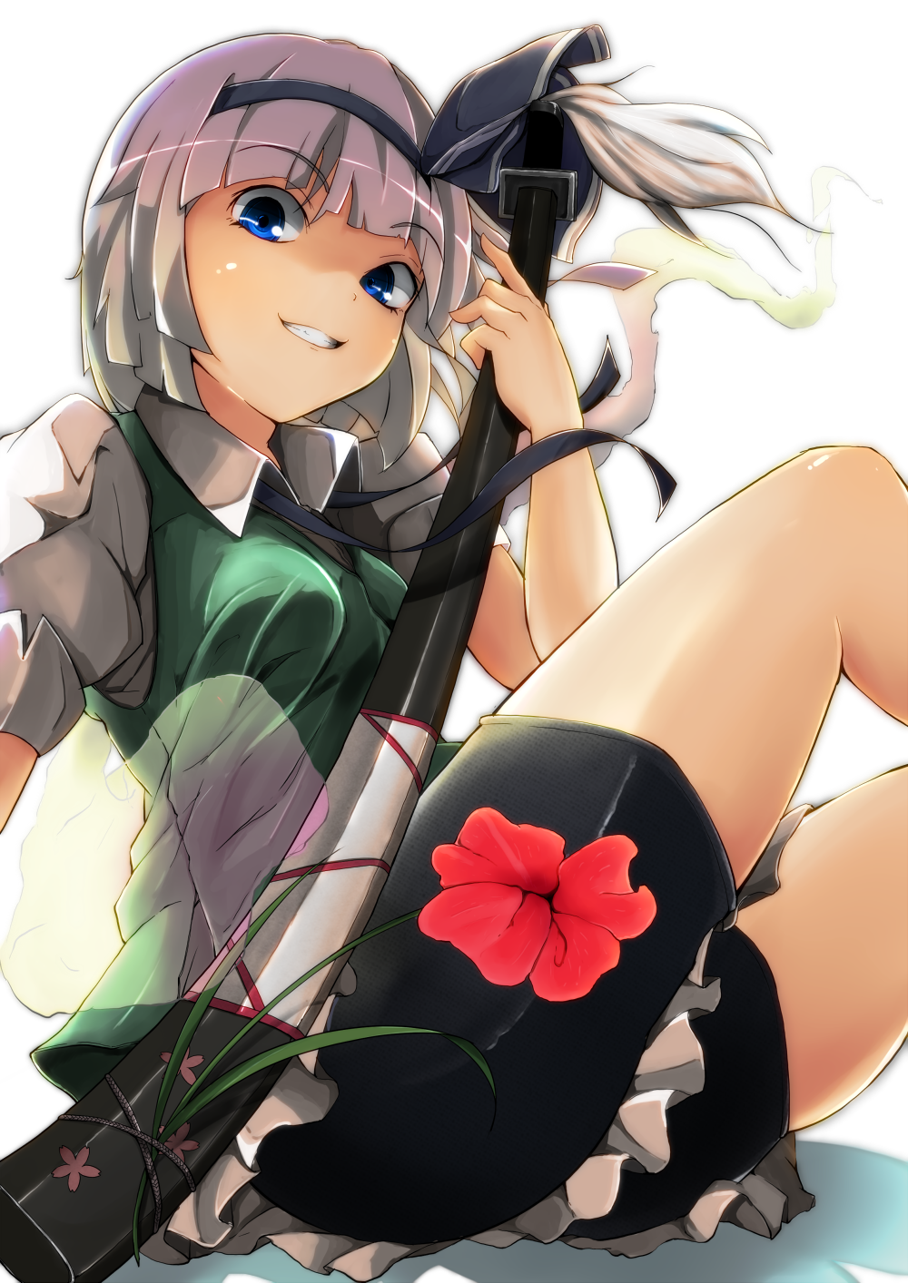 1girl adapted_costume bike_shorts blue_eyes female_focus flanvia flower grin hair_ribbon highres katana konpaku_youmu konpaku_youmu_(ghost) looking_at_viewer puffy_sleeves raised_eyebrow ribbon shirt short_sleeves silver_hair sitting skirt skirt_set smile solo sword touhou vest weapon