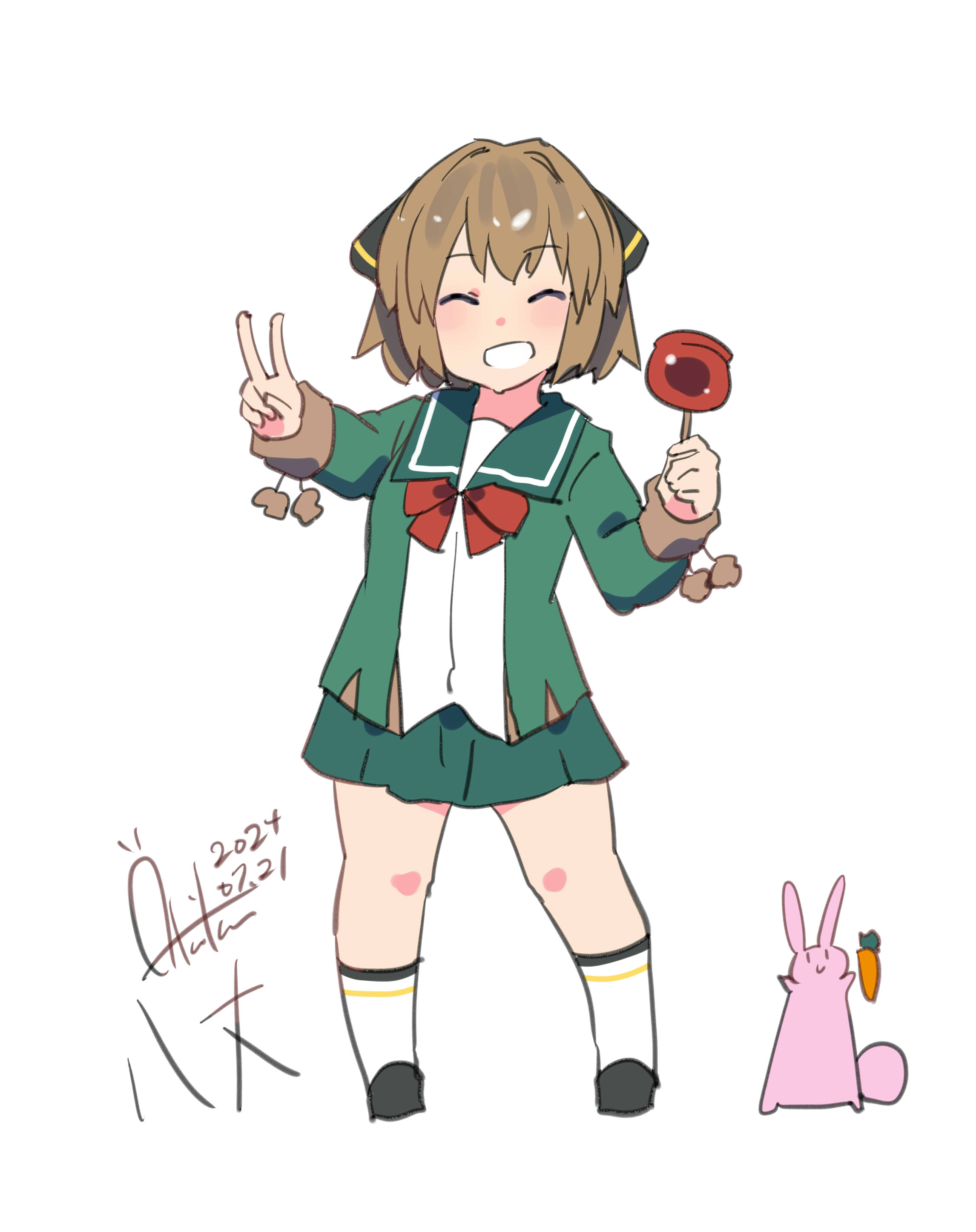 1girl absurdres black_footwear black_ribbon blush brown_hair candy candy_apple carrot character_name closed_eyes dated food green_jacket green_sailor_collar green_skirt hachijou_(kancolle) hair_ribbon highres holding holding_candy holding_food inica jacket kantai_collection neck_ribbon one-hour_drawing_challenge pleated_skirt pom_pom_(clothes) rabbit red_ribbon ribbon sailor_collar school_uniform serafuku short_hair signature skirt smile socks v white_background white_socks