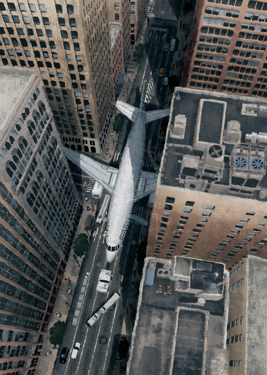 aircraft airplane building bush car city commentary_request from_above highres intersection jet_airliner motor_vehicle no_humans original outdoors people road sadajiro scenery skyscraper truck urban window