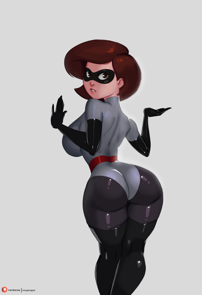 1girl ass back bodysuit breasts brown_eyes brown_hair commentary curvy domino_mask elastigirl elbow_gloves english_commentary female_focus from_behind gloves helen_parr kneepits large_breasts latex latex_gloves leotard lips looking_back mask mature_female morganagod narrow_waist pantyhose patreon_username shiny_clothes short_hair skin_tight solo superhero_costume swept_bangs the_incredibles thick_thighs thighhighs thighs
