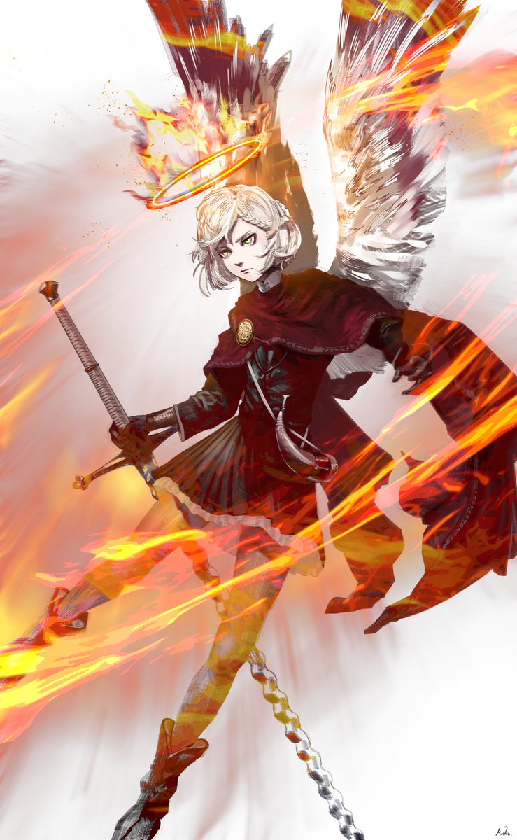 1other androgynous angel angel_wings black_gloves boots braid braided_bangs cape dress fire flamberge flaming_halo flying full_body gloves green_eyes grey_boots grey_dress grey_pantyhose halo highres holding holding_sword holding_weapon horn_(instrument) light_particles looking_ahead magic marku_mk27 orange_halo original pantyhose red_cape ring_of_fire serious short_hair side_braid single_braid slit_pupils solo sword warrior weapon white_background white_hair white_wings wings