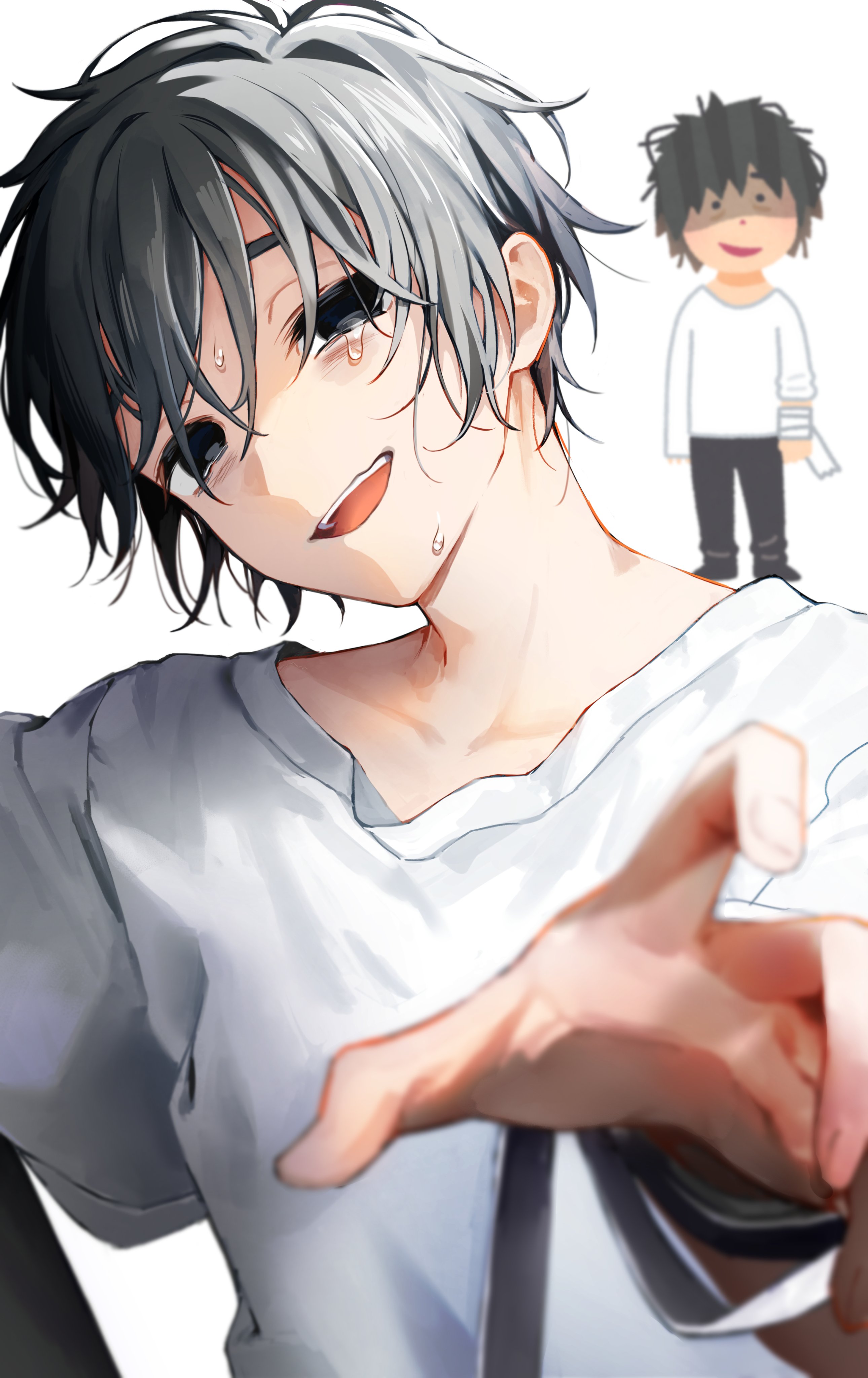 1boy absurdres aruminsuko bandages black_eyes black_hair blurry commentary_request depth_of_field empty_eyes eyebrows_hidden_by_hair hashtag-only_commentary highres irasutoya irasutoya_challenge male_focus messy_hair open_mouth smile solo sweat tears upper_body