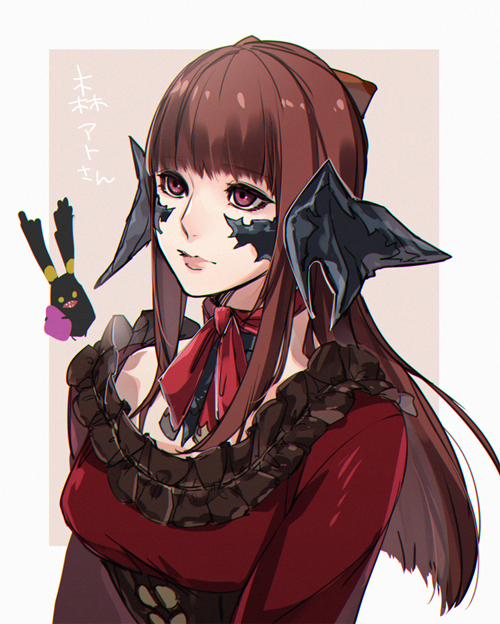 1girl au_ra border brown_background choker dragon_girl dragon_horns expressionless final_fantasy final_fantasy_xiv frilled_shirt frills from_side horns long_hair outside_border red_choker red_eyes red_hair red_shirt ribbon_choker scales shirt simple_background solo spriggan_(final_fantasy) upper_body warrior_of_light_(ff14) white_border yomo_(ym)
