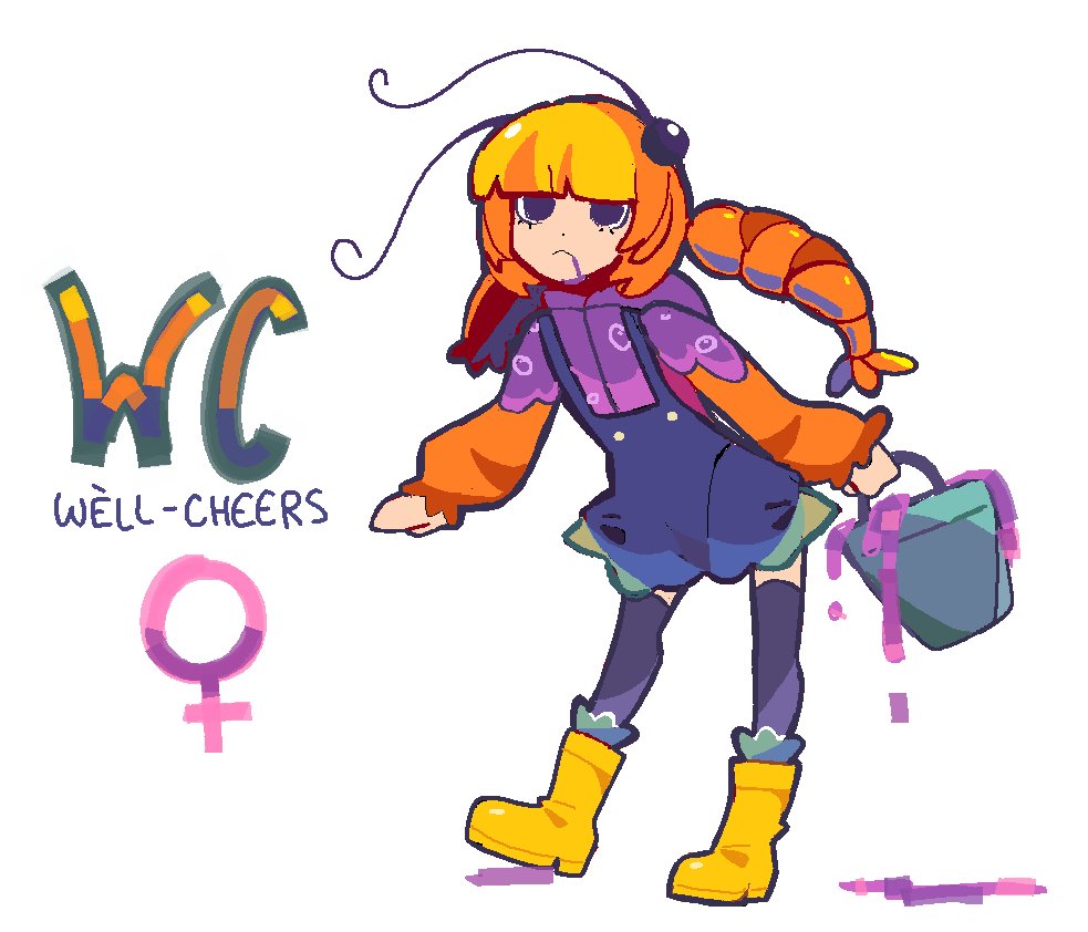 1girl :&lt; antennae black_eyes blue_overalls blue_thighhighs boots bucket closed_mouth full_body holding holding_bucket hood hood_down hoodie lobotomy_corporation long_sleeves microsoft_paint_(medium) opened_can_of_wellcheers orange_hoodie overall_skirt overalls personification project_moon rubber_boots shrimp_girl simple_background solo thighhighs venus_symbol white_background yellow_boots yumeyuk0