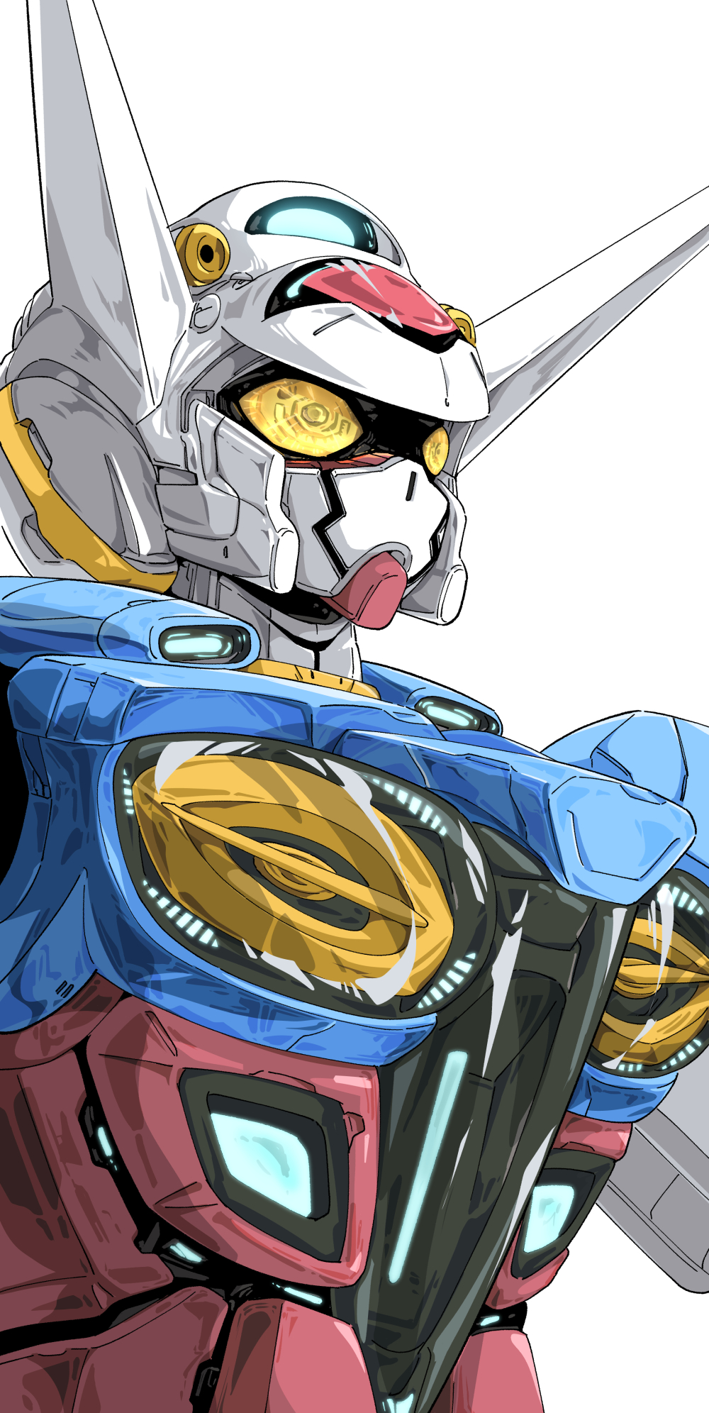 anzu_yoshihiro commentary_request g-self gundam gundam_g_no_reconguista highres looking_ahead mecha mecha_focus mobile_suit no_humans robot science_fiction simple_background solo upper_body white_background yellow_eyes