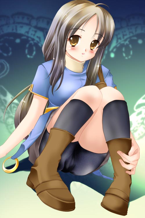 1girl 2000s_(style) archer_(ragnarok_online) ayase_mai_(jelly^2_fish) bike_shorts black_shorts black_socks blue_shirt blush boots breasts brown_boots cameltoe commentary_request full_body green_background grey_hair large_breasts long_hair looking_at_viewer muneate open_mouth ragnarok_online shirt short_sleeves shorts smile socks solo yellow_eyes