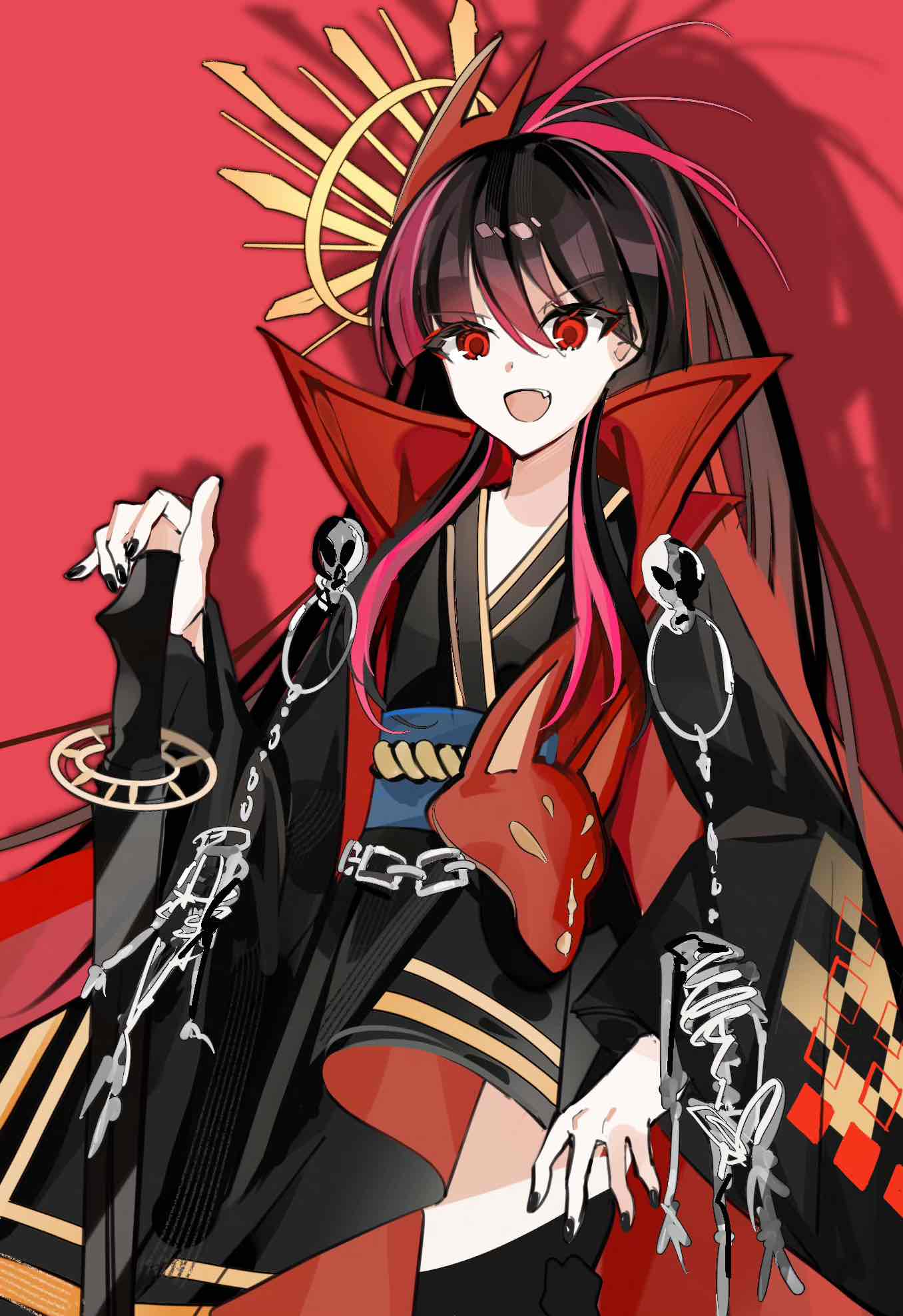 1girl black_hair black_kimono black_nails cape fate/grand_order fate_(series) highres japanese_clothes kimono koha-ace nail_polish oda_nobunaga_(fate) oda_nobunaga_(koha-ace) official_alternate_costume red_background red_cape red_eyes shinsengumi simple_background solo xixing_chun