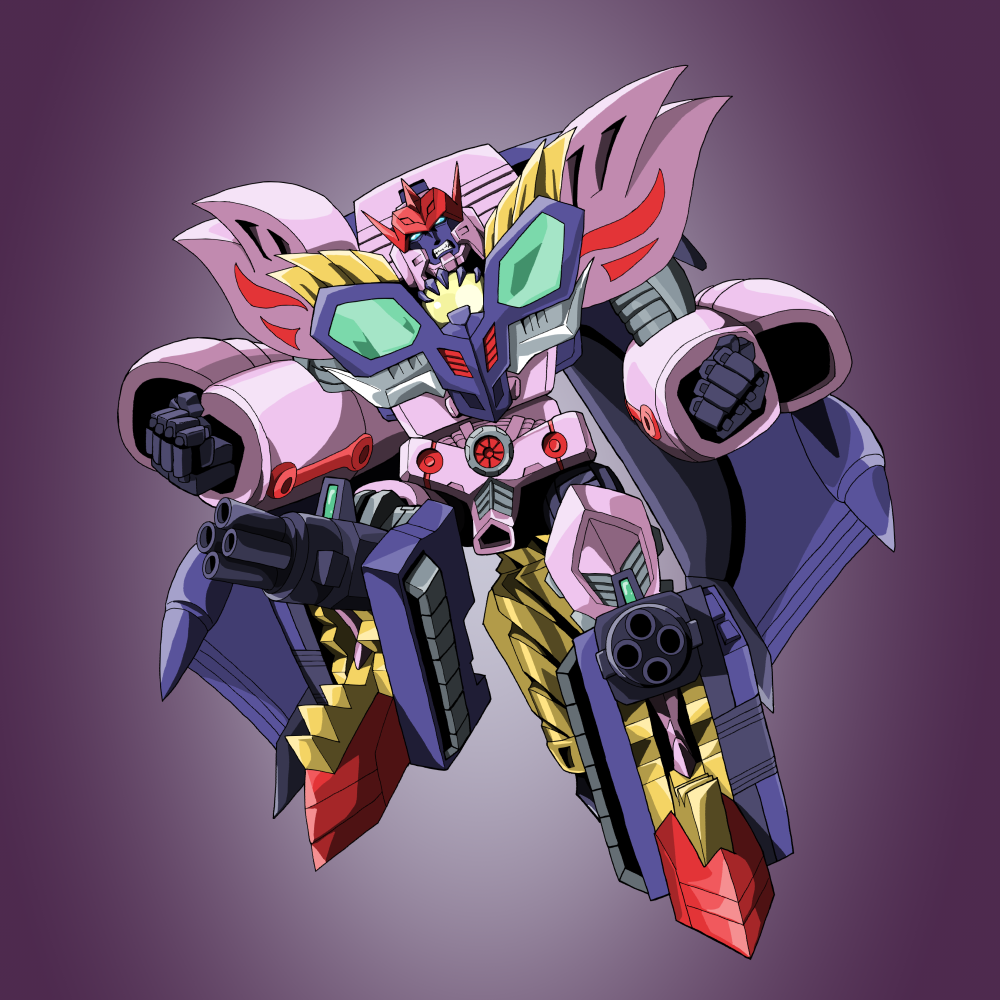 1990s_(style) 1boy beast_wars beast_wars_ii clenched_hand full_body galvatron green_eyes grinding horns looking_at_viewer male_focus no_humans qhon retro_artstyle solo teeth transformers