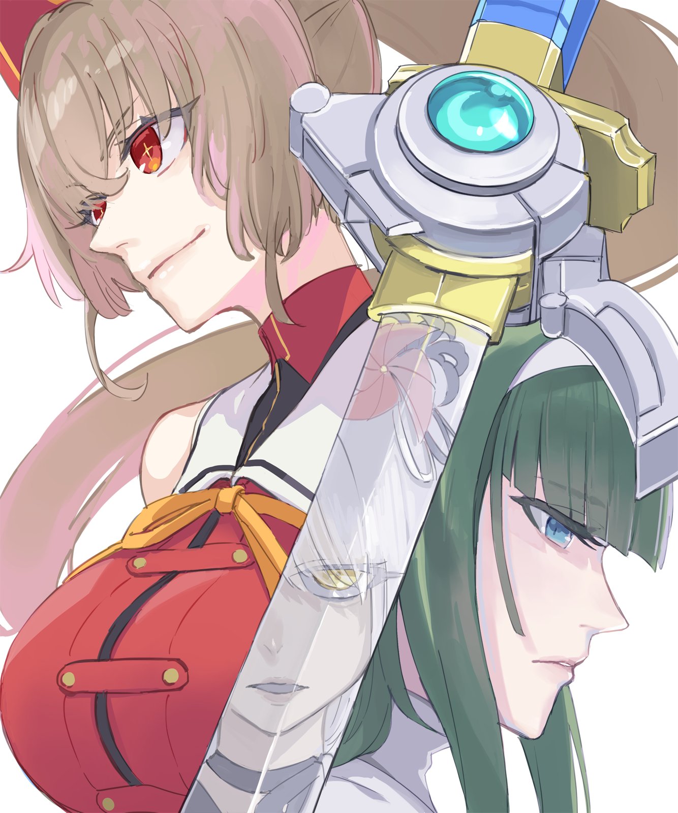 3girls animal_ears assault_lily black_choker black_flower blue_eyes blunt_bangs breasts brown_hair cat_ears choker closed_mouth commentary_request crossed_bangs fake_animal_ears flower green_hair grey_hair hair_between_eyes hairband hasebe_touka highres kondou_misaka large_breasts long_hair looking_ahead looking_at_viewer mila_(yuta27315) multiple_girls neck_ribbon out_of_frame parted_lips ponytail profile red_eyes red_shirt reflection ribbon sailor_collar school_uniform shirt sidelocks sleeveless sleeveless_shirt smile sparkling_eyes sword upper_body v-shaped_eyebrows weapon white_hairband white_sailor_collar yamaguchi_chihiro_(assault_lily) yellow_eyes yellow_ribbon yurigaoka_girls_academy_school_uniform