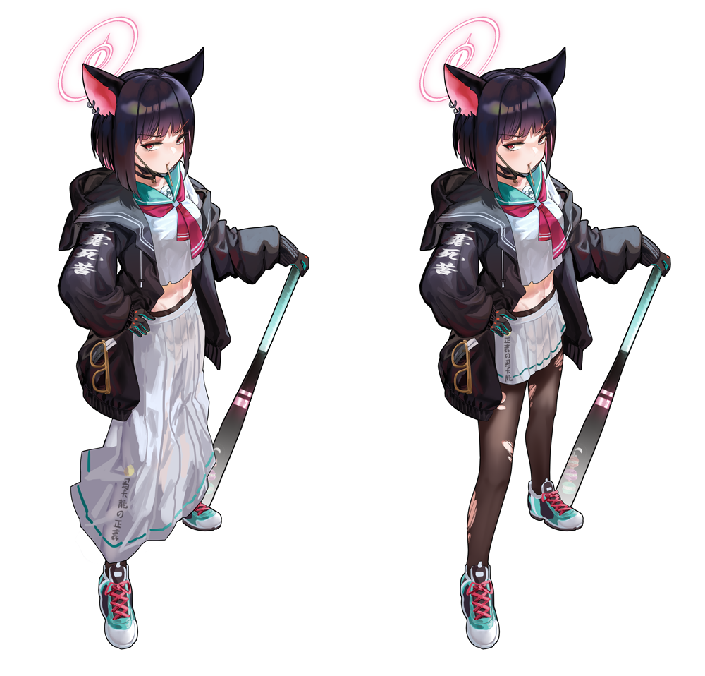 1girl adapted_costume aircctzillie animal_ears baseball_bat black_choker black_hair black_jacket blue_archive blush breasts cat_ears choker colored_inner_hair commentary delinquent extra_ears halo holding holding_baseball_bat jacket kazusa_(blue_archive) long_skirt long_sleeves mask midriff mouth_mask multicolored_hair pink_hair pink_halo pleated_skirt red_eyes school_uniform serafuku shoes skirt sneakers solo sukeban surgical_mask trinity_general_school_logo two-tone_hair white_serafuku