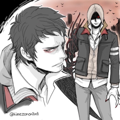 1boy alex_mercer artist_name black_hair blade himezono_rara hood jacket looking_at_viewer lowres male_focus prototype_(game) red_sky shaded_face sky solo