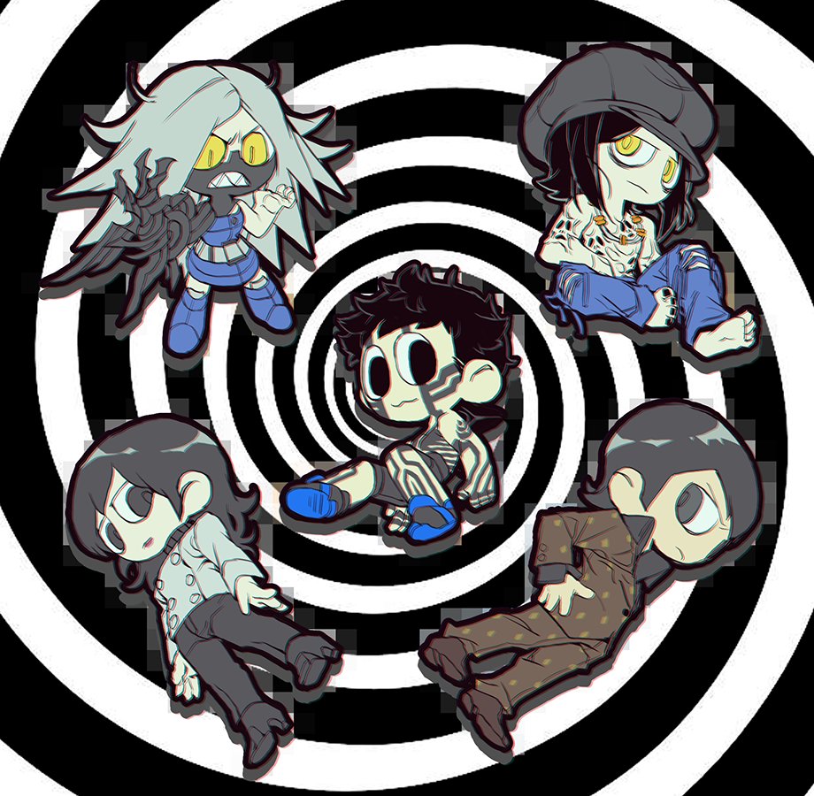 &gt;:( 2girls 3boys :3 barefoot black_eyes black_hair black_hat black_nails black_pants black_shorts body_horror cabbie_hat chibi chibi_only coat demi-fiend denim denim_boots denim_dress formal_clothes full-body_tattoo g_nm_k hand_on_own_hip hat hikawa_(megami_tensei) jacket jeans jewelry long_hair multiple_boys multiple_girls necklace nitta_isamu pants red_lips shin_megami_tensei shin_megami_tensei_iii:_nocturne shoes short_hair shorts simple_background spiked_hair suit swirl tachibana_chiaki_(megami_tensei) takao_yuko tattoo topless_male torn_clothes torn_jeans torn_pants v-shaped_eyebrows white_coat white_hair white_jacket yellow_eyes