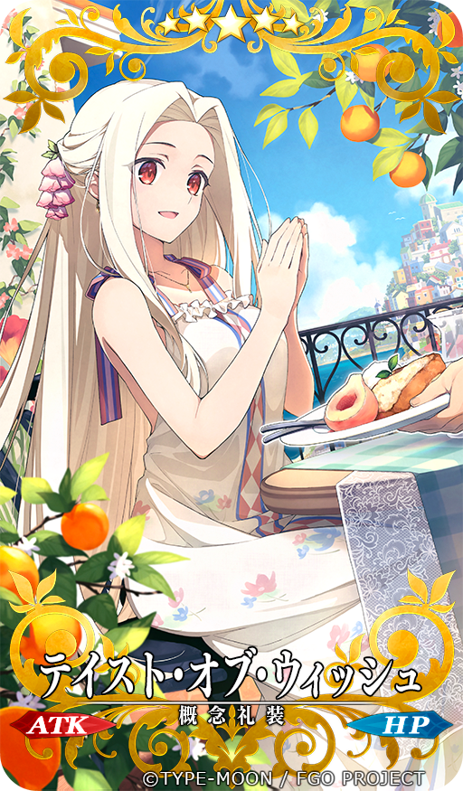 1girl blue_sky breasts dress fate/grand_order fate_(series) food fruit irisviel_von_einzbern large_breasts long_hair open_mouth parted_bangs peach plate rakurui_no_tsubasa red_eyes saipaco sitting sky smile solo_focus table white_dress white_hair