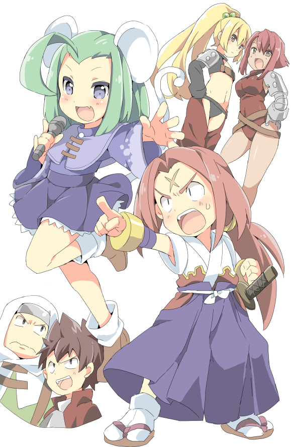 2boys 4girls animal_ears black_panties blonde_hair blue_eyes blush brandy_(musashiden) brave_fencer_musashiden breasts brown_eyes brown_hair capelet commentary_request dress flat_chest gloves green_hair liquor_(musashiden) long_hair medium_breasts mouse_ears mouse_tail multiple_boys multiple_girls navel neneko-n open_mouth panties ponytail purple_capelet sasaki_kojirou short_hair smile tail topo_(musashiden) underwear