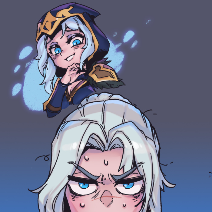 2girls annoyed ashe_(league_of_legends) black_cape blue_background blue_eyes blush breasts cape cleavage grey_background grey_hair grin hair_bun hand_up hood hood_up hooded_cape league_of_legends long_sleeves looking_at_another medium_hair messy_hair multiple_girls phantom_ix_row sejuani single_hair_bun small_breasts smile sweat teeth v-shaped_eyebrows