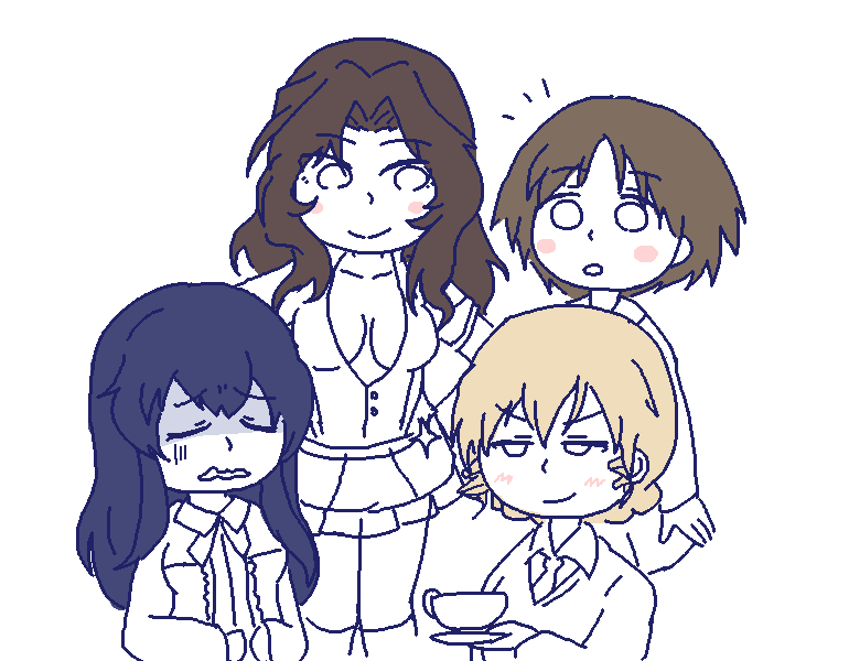 4girls aoshidan_school_uniform aqclk blonde_hair blue_eyes braid brown_hair eclair_(girls_und_panzer) el_(girls_und_panzer) girls_und_panzer girls_und_panzer_gekitou!_maginot-sen_desu!! girls_und_panzer_little_army holding holding_tray kilimanjaro_(girls_und_panzer) long_hair maginot_school_uniform maruyama_saki multiple_girls ooarai_school_uniform pointy_hair school_uniform short_hair tray wavy_hair