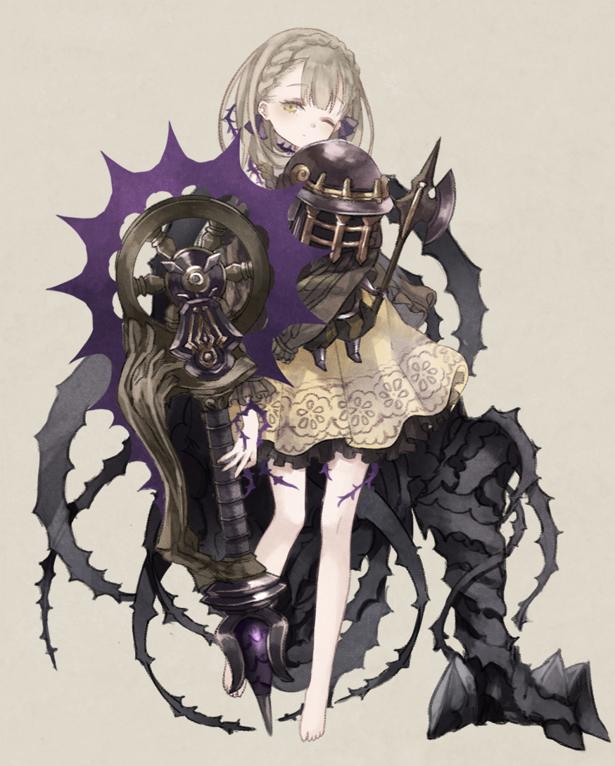 1girl armor axe barefoot braid briar_rose_(sinoalice) closed_mouth crown_braid expressionless fantasy female_focus full_body grey_background grey_eyes grey_hair holding holding_weapon looking_at_viewer one_eye_closed oro_ponzu puppet simple_background sinoalice solo standing weapon