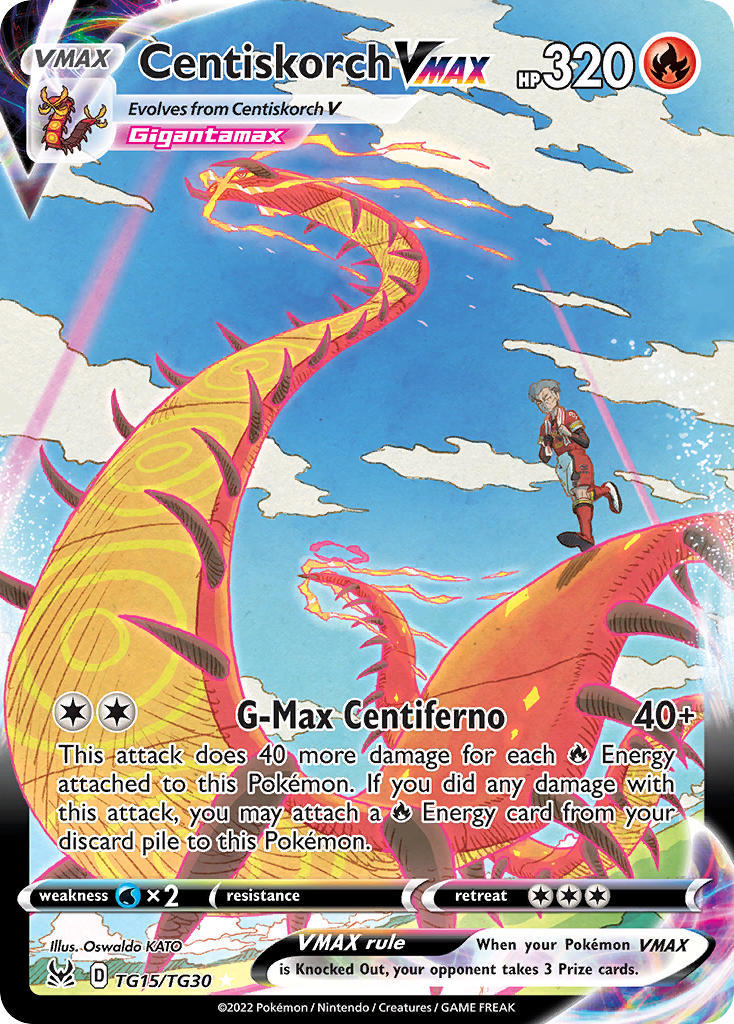 1boy artist_name blue_sky card_(medium) centiskorch character_name cloud company_name copyright_name copyright_notice day dynamax english_text fire gen_8_pokemon gigantamax gigantamax_centiskorch grey_hair kabu_(pokemon) katou_oswaldo nintendo official_art outdoors pillar_of_light pokemon pokemon_(creature) pokemon_card pokemon_focus pokemon_swsh pokemon_tcg red_shirt shirt shorts sky third-party_source towel towel_around_neck trading_card