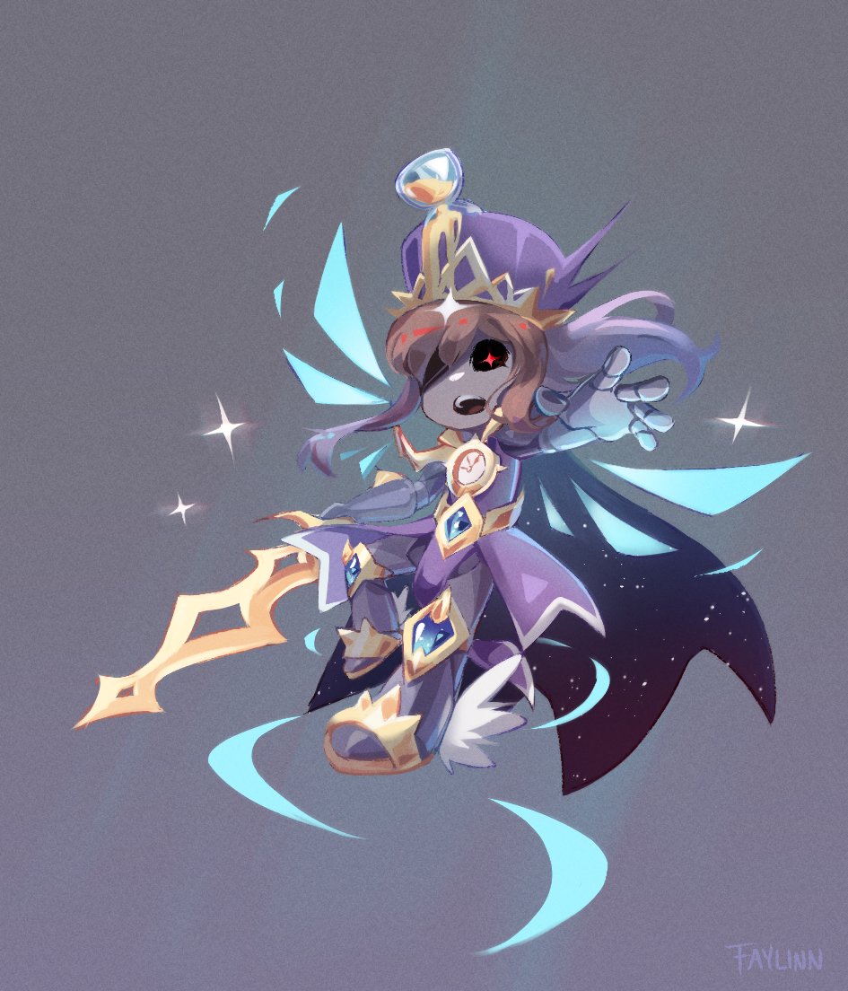 1girl a_hat_in_time alternate_costume armored_boots armored_gloves armored_legwear artist_name black_cape black_sclera blue_gemstone blue_wings boots brown_hair cape child clock colored_sclera commentary crown crown_hat detached_wings diamond_(shape) diamond_in_eye dress english_commentary full_body gauntlets gem gold_crown gradient_cape gradient_hair grey_background grey_boots hair_over_one_eye hat hat_kid holding holding_sword holding_weapon jewelry long_hair long_sleeves medallion multicolored_hair one_eye_covered open_mouth pendant ponytail purple_dress purple_hair purple_hat reaching reaching_towards_viewer red_cape red_eyes reverse_strip_game sidelocks solo sparkle sparkling_aura star_(sky) sword teeth twitter_strip_game upper_teeth_only weapon winged_footwear wings xxfaylinnxx