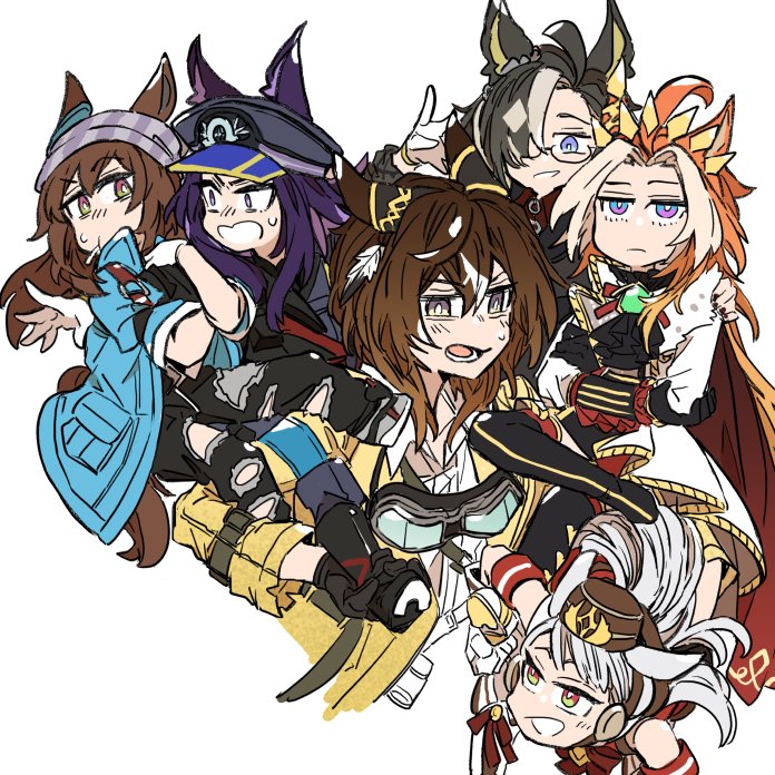 6+girls aged_down ahoge animal_ears arm_belt armband asuka_(junerabitts) beanie blonde_hair blue_armband blue_coat blunt_ends boots bow bowtie bright_pupils brown_hair brown_hat cape coat commentary crossed_arms dream_journey_(umamusume) ear_covers father&#039;s_day feather_hair_ornament feathers fenomeno_(umamusume) footwear_bow gem glasses goggles goggles_around_neck gold_ship_(umamusume) green_gemstone grey_eyes grey_hair grey_hat hair_ornament hair_over_one_eye hat hat_ribbon headgear horse_ears horse_girl horseshoe_hat_ornament horseshoe_ornament jitome long_hair multicolored_eyes multiple_girls nakayama_festa_(umamusume) open_clothes open_coat orange_hair orfevre_(umamusume) peaked_cap pillbox_hat purple_eyes purple_hair purple_ribbon red_armband red_bow red_bowtie red_cape ribbon single_ear_cover single_hair_intake stay_gold_(umamusume) stay_gold_clan_(umamusume) striped_hat sweatdrop two-tone_eyes umamusume unamused white_boots yellow_coat yellow_eyes