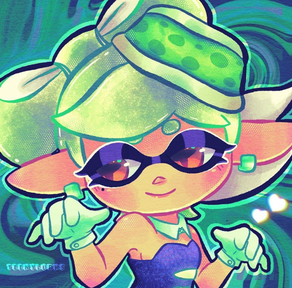 1girl artist_name butterfly_cut close-up closed_mouth colored_lineart deformed dress earrings gloves green_theme jewelry looking_to_the_side marie_(splatoon) marie_(squid_sisters_outfit)_(splatoon) nintendo outline pointy_ears portrait sideways_glance smile solo splatoon_(series) stay_fresh_(pose) strapless strapless_dress teenylurks triangle_nose white_gloves