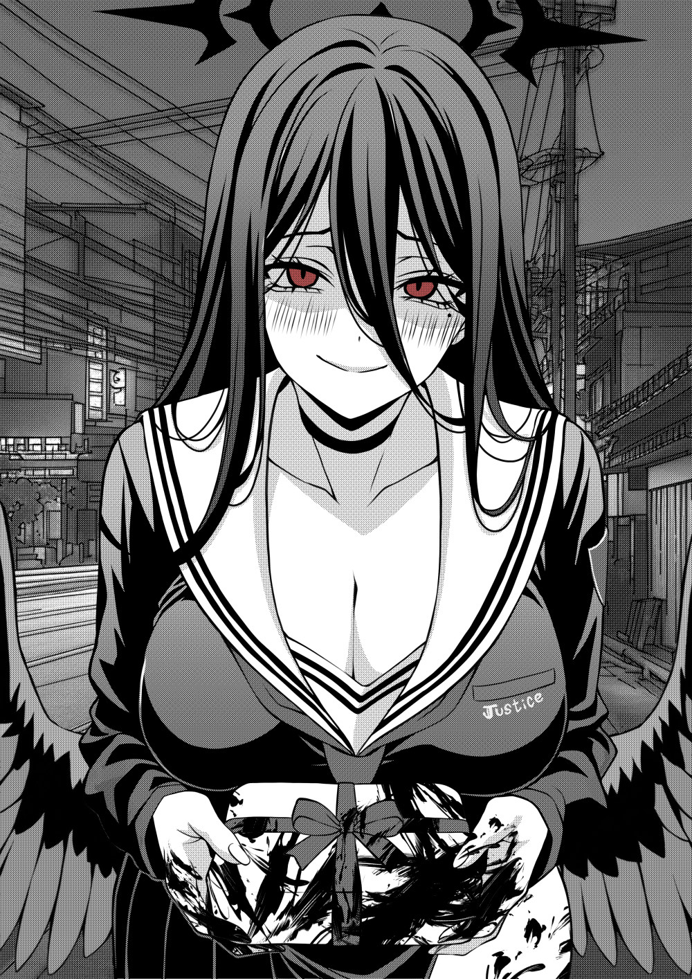 1girl black_choker black_serafuku black_skirt black_wings blood blood_on_hands blood_on_leg blue_archive blush box breasts choker cleavage feathered_wings gift gift_box hair_between_eyes halo hasumi_(blue_archive) highres holding holding_gift large_breasts long_hair looking_at_viewer mole mole_under_eye monochrome neckerchief night outdoors red_eyes sailor_collar school_uniform serafuku shimei_eris side_slit skirt smile solo spot_color white_sailor_collar wings