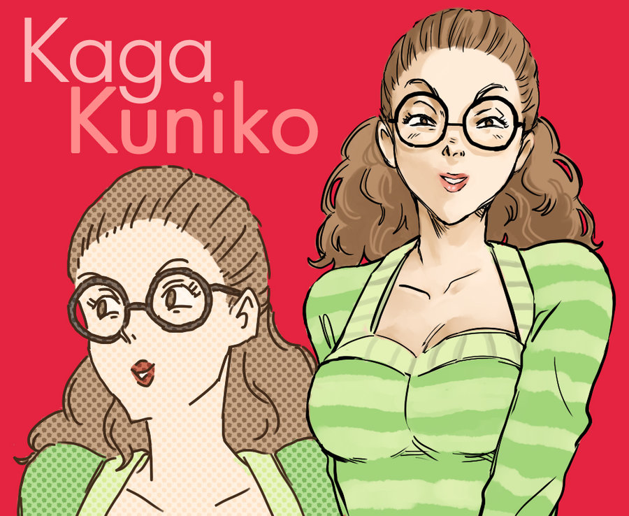 1990s_(style) 1girl breasts brown_eyes brown_hair character_name collarbone female_focus glasses green_shirt image_sample kaga_kuniko large_breasts lipstick long_skirt makeup red_background retro_artstyle round_eyewear rubber-soul shirt skirt solo striped_clothes striped_sweater sweater taut_clothes wavy_hair yawara_a_fashionable_judo_girl