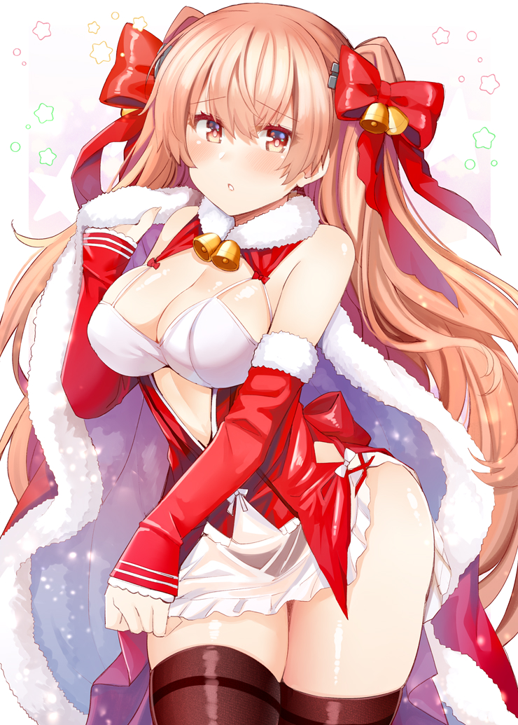1girl bell black_thighhighs blush breasts brown_hair cape christmas cleavage commentary_request detached_sleeves fur-trimmed_cape fur_trim hair_bell hair_ornament hair_ribbon holding holding_unworn_cape holding_unworn_clothes johnston_(christmas)_(kancolle) johnston_(kancolle) kantai_collection large_breasts long_hair looking_at_viewer official_alternate_costume parted_lips red_bodice red_cape red_eyes red_ribbon red_sleeves ribbon rui_shi_(rayze_ray) santa_costume sleeves_past_wrists solo thighhighs two_side_up unworn_cape