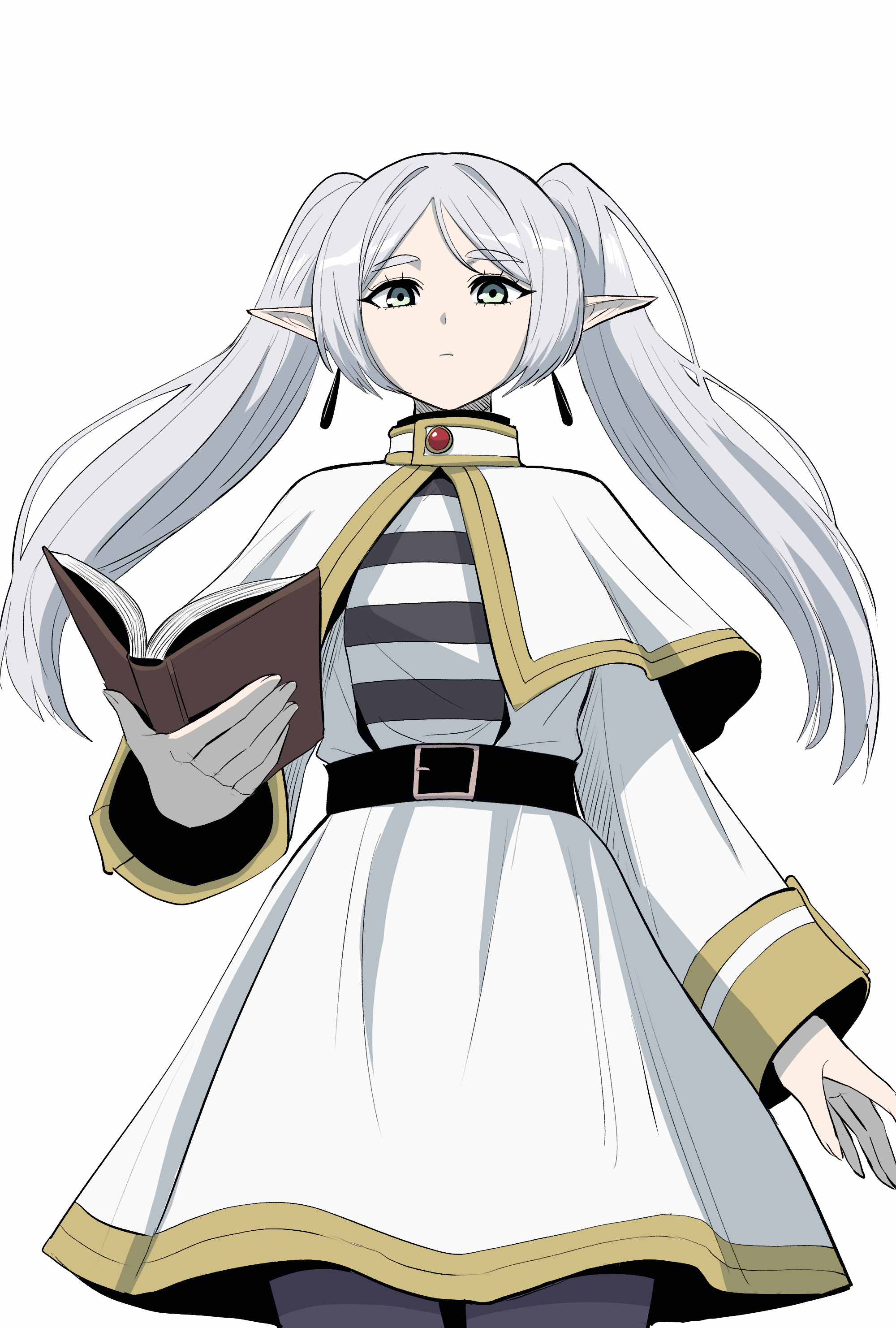 1girl absurdres belt black_belt black_pantyhose book capelet closed_mouth collar_jewel collared_capelet cowboy_shot earrings elf expressionless frieren gegegekman gem gold_trim highres holding holding_book jewelry long_hair looking_at_viewer open_book pantyhose pointy_ears red_gemstone shirt skirt skirt_set sousou_no_frieren striped_clothes striped_shirt twintails white_background white_capelet white_hair