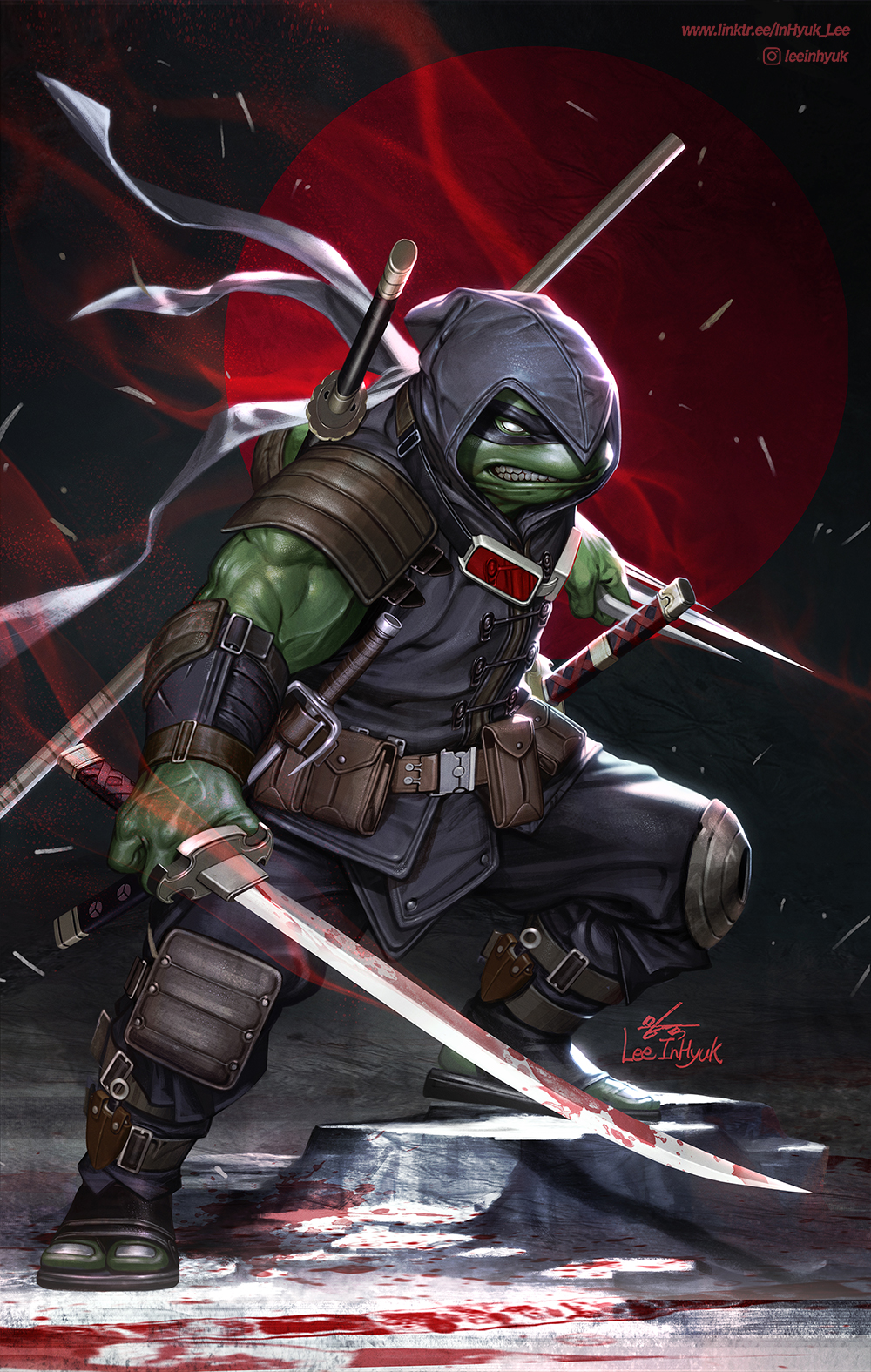 1boy black_mask blood blood_on_ground bloody_weapon comic_cover copyright_request dagger dual_wielding highres holding holding_dagger holding_knife holding_sword holding_weapon idw_publishing in-hyuk_lee katana knife leonardo_(tmnt) mask moon ninja nunchaku red_moon reptile_boy sai_(weapon) staff sword teenage_mutant_ninja_turtles teenage_mutant_ninja_turtles:_the_last_ronin teenage_mutant_ninja_turtles_(idw) teeth turtle turtle_boy weapon western_comics_(style)