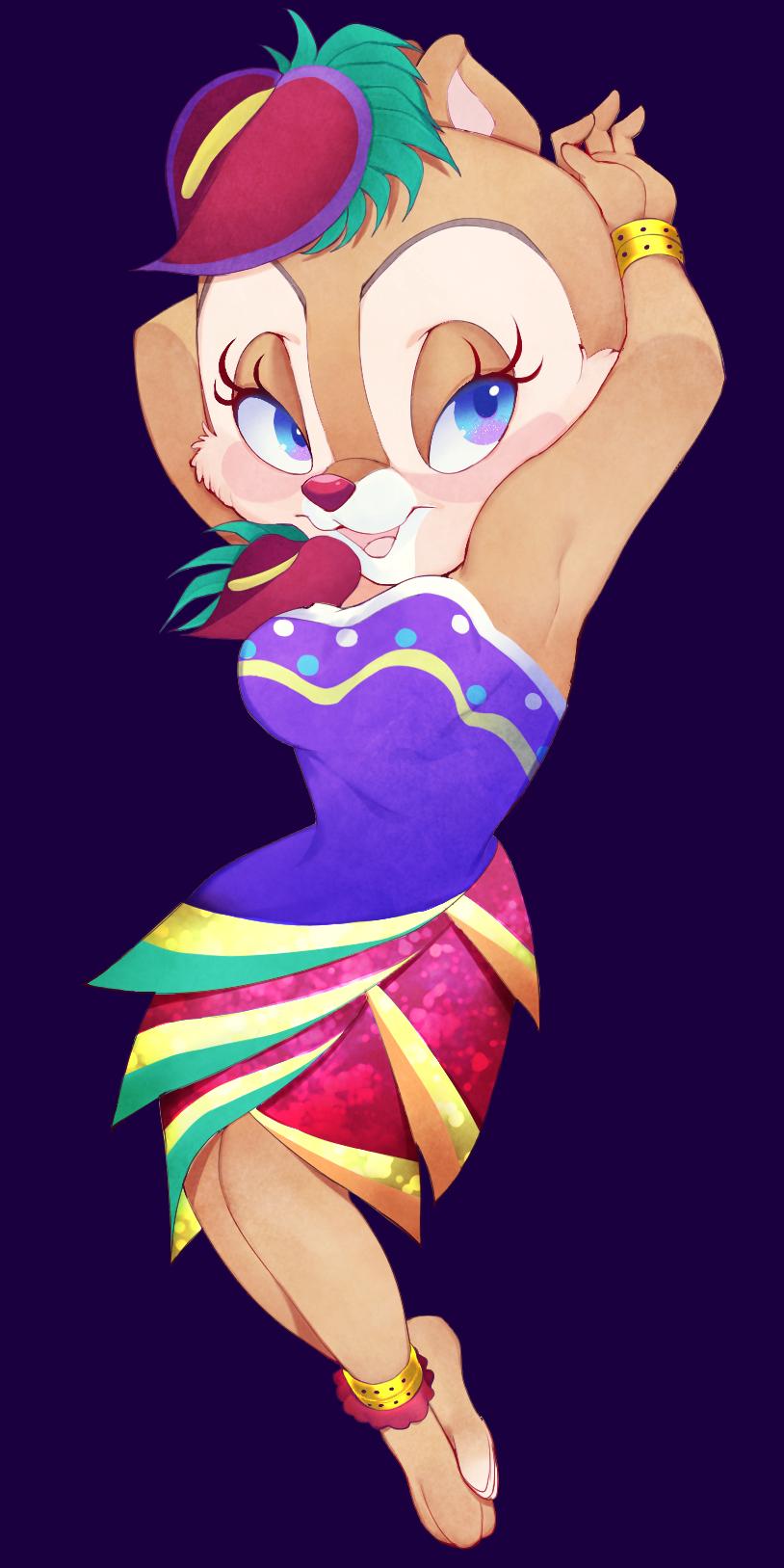 1girl anklet blue_eyes bow bracelet chipmunk_ears chipmunk_girl clarice_(disney) disney dress eyelashes gold_bracelet hat highres jewelry looking_at_viewer mickey_mouse_&amp;_friends open_mouth rl10_02 solo strapless strapless_dress translation_request