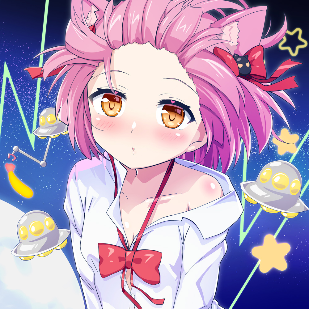 1girl :o animal_ear_fluff animal_ears bare_shoulders blush bow bowtie breasts cat_ears cat_hair_ornament collarbone collared_shirt commentary_request cosplay denpa_onna_to_seishun_otoko dress_shirt flying_saucer food forehead hair_bow hair_ornament looking_at_viewer naka_(cheeseyeast) off_shoulder orange_eyes parted_lips pink_hair red_bow red_bowtie shirt shrimp shrimp_tempura small_breasts solo spacecraft star_(symbol) tempura touwa_erio touwa_erio_(cosplay) ufo white_shirt