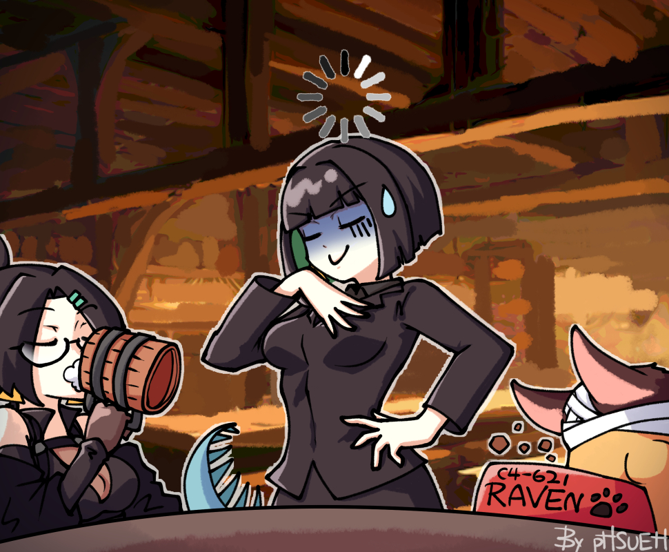 2girls 621_(armored_core_vi) allmind_(armored_core_vi) animal armored_core armored_core_vi:_fires_of_rubicon artist_name beer_mug black_hair bowl commentary cup dog drinking eating english_commentary english_text g5_iguazu_(armored_core_vi) glasses hair_ornament hairclip hand_on_own_chest hand_on_own_hip iguana kate_markson loading_icon mug multiple_girls phsueh sweatdrop