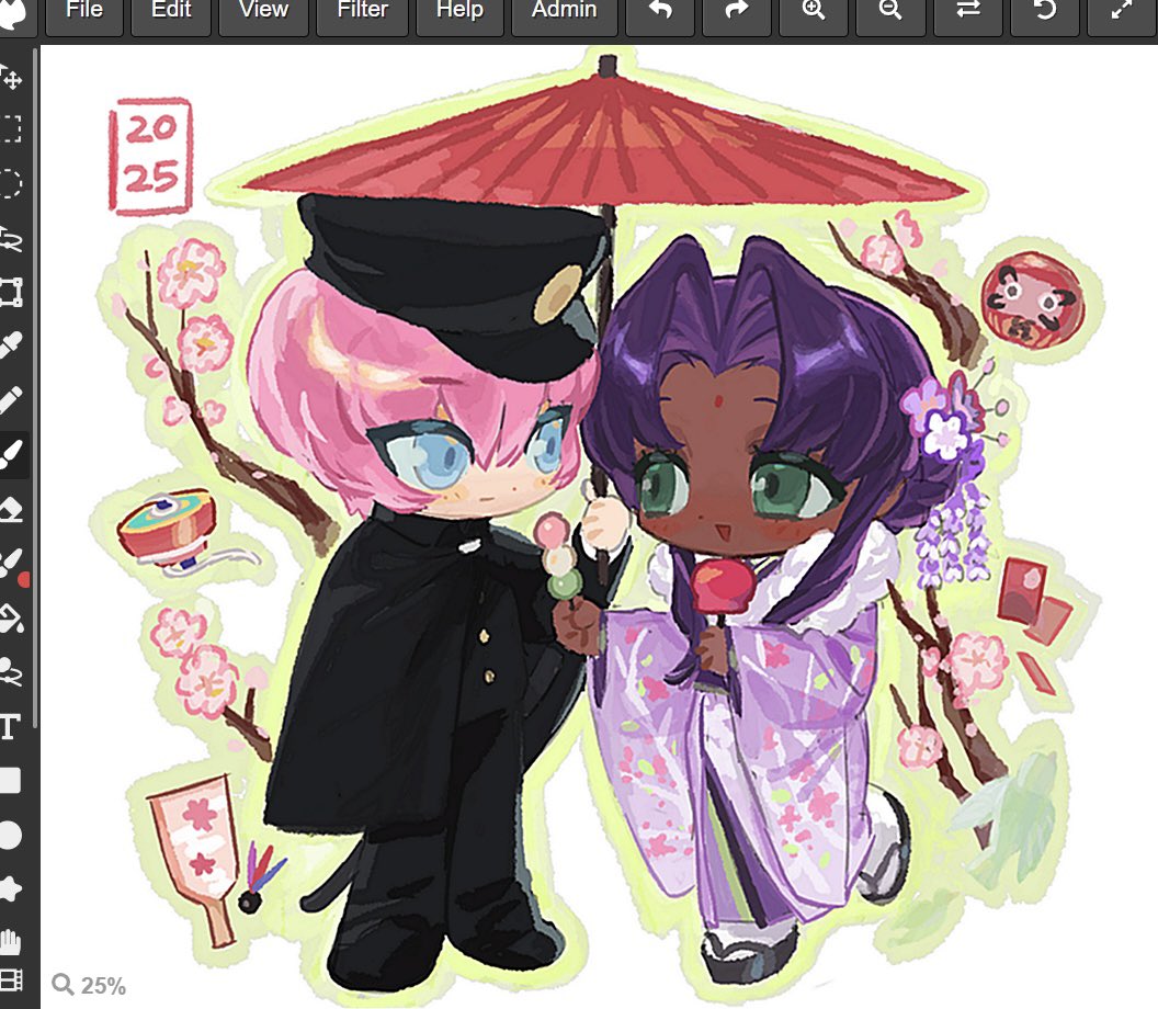 2025 2girls art_tools_in_frame blue_eyes blush candy_apple cape cherry_blossoms chibi closed_mouth dango dark-skinned_female dark_skin daruma_doll eye_contact facial_mark food forehead_mark gakuran green_eyes hat himemiya_anthy holding holding_umbrella interracial japanese_clothes kimono laz_(wancchaco) long_hair looking_at_another multiple_girls open_mouth peaked_cap pink_hair purple_hair sandals school_uniform sheath sheathed short_hair shoujo_kakumei_utena smile tenjou_utena umbrella wagashi yuri