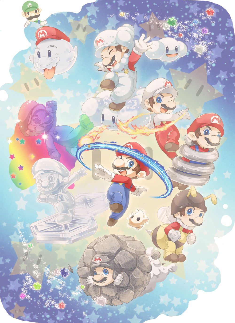6+boys alternate_costume alternate_form bad_id bad_pixiv_id beard bee_suit boo_mario bosutafu brothers cloud_mario facial_hair fire fire_mario happy highres ice ice_mario luigi luma_(mario) male_focus mario mario_(series) multiple_boys multiple_persona mustache nintendo overalls power-up rainbow rainbow_mario rock_mario siblings smile spring_(season) spring_mario star_(symbol) star_bits super_star_(mario) super_mario_galaxy super_mario_galaxy_2 super_star transformation |_|